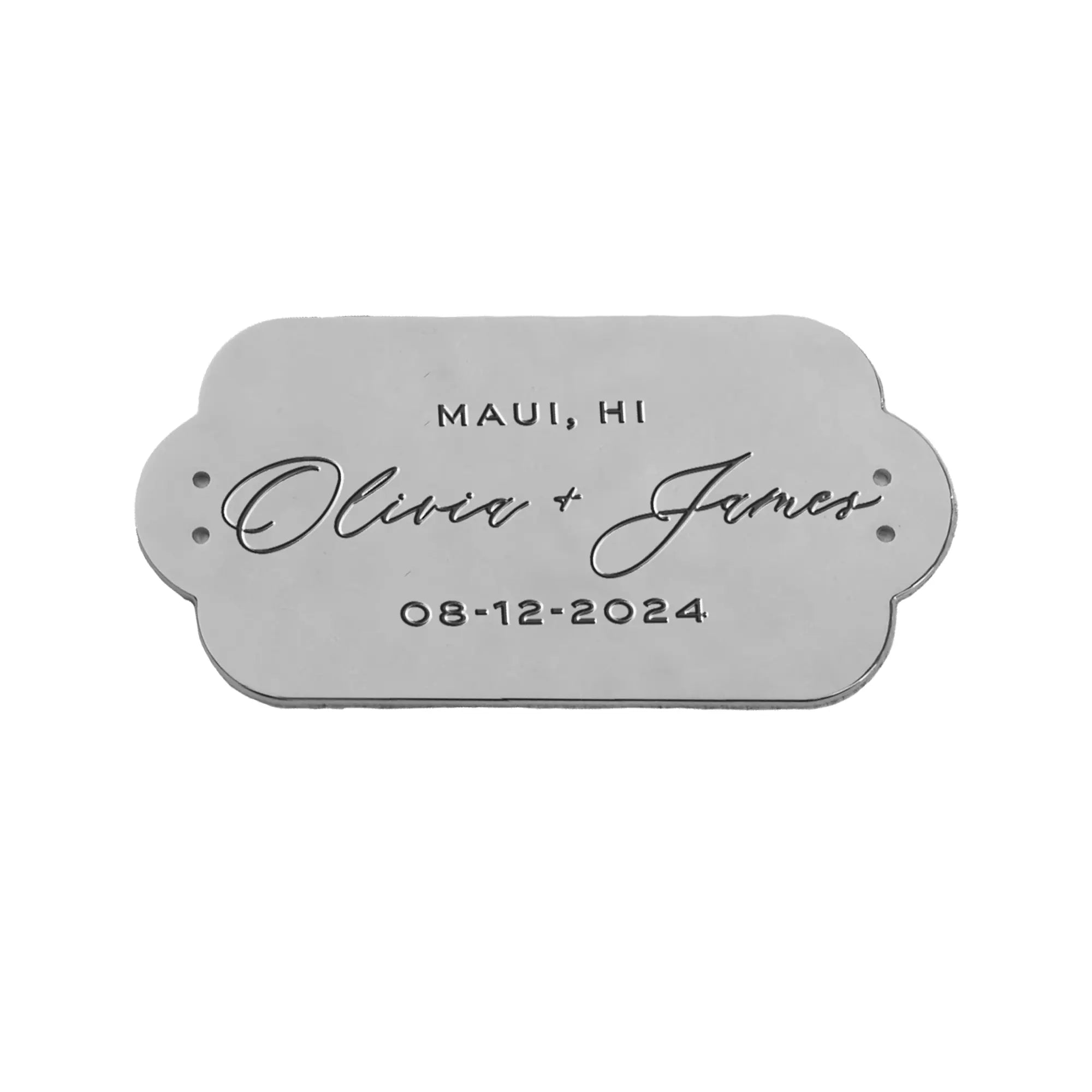 Metal Personalized Plaque Sentiment Engraving from The Bella Rosa Collection with inscription &quot;maui, hi olivia + james 08-12-2024,&quot; possibly a souvenir or commemorative item.