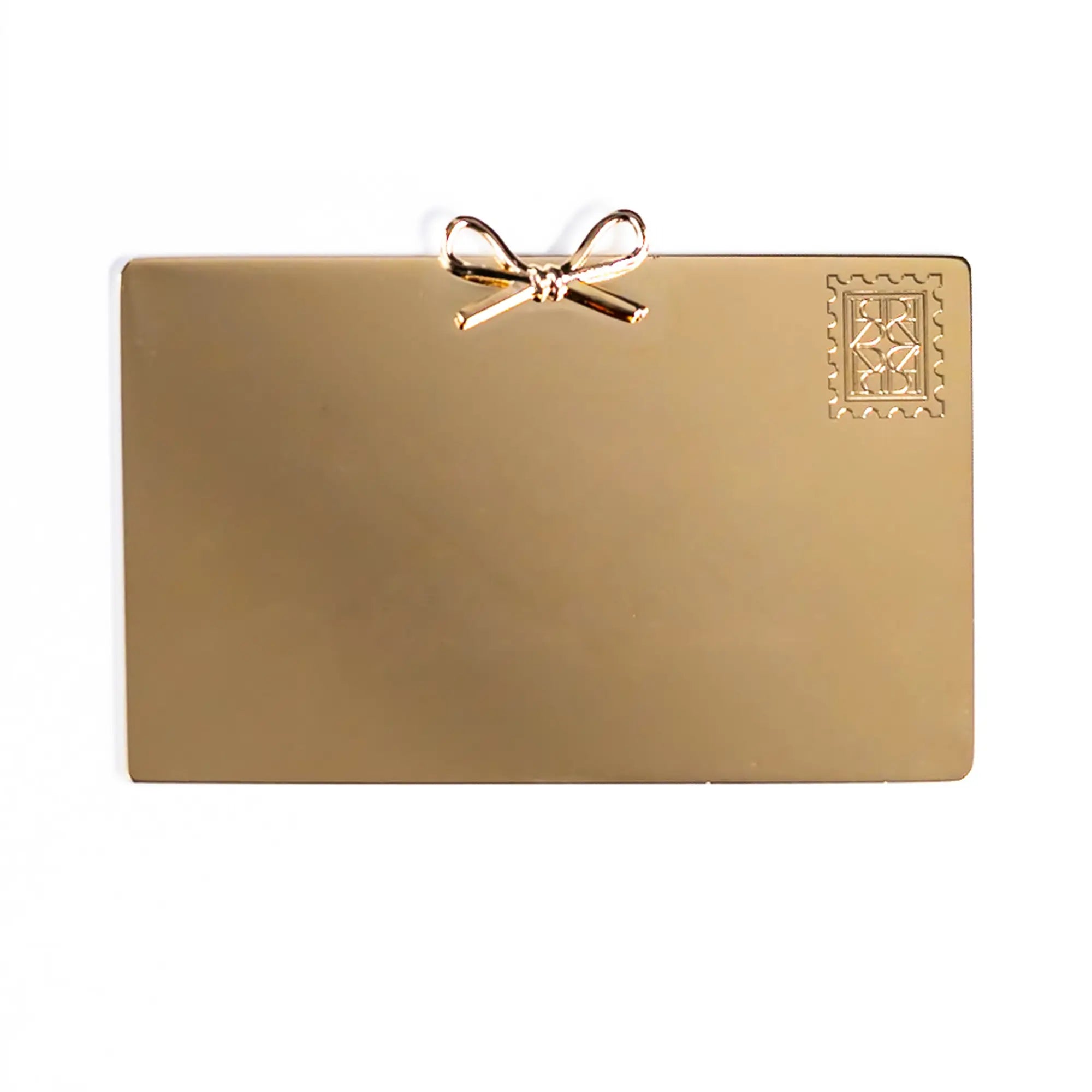 Gold-colored gift card with bow design and Personalized Plaque Sentiment Engraving on a white background by The Bella Rosa Collection.