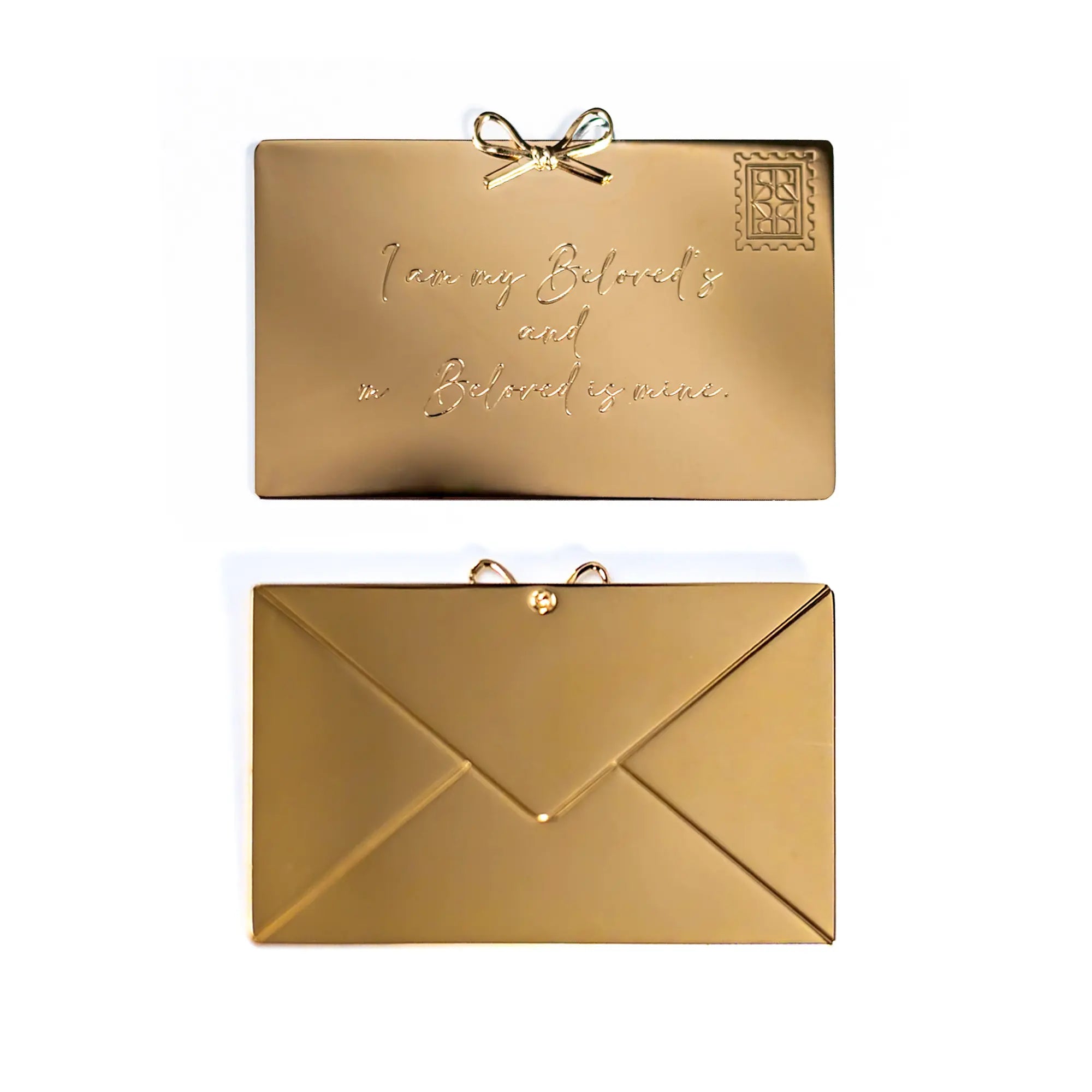 Two golden clutch purses, one with a bow design and embossed text featuring The Bella Rosa Collection personalization, the other with an envelope style design.