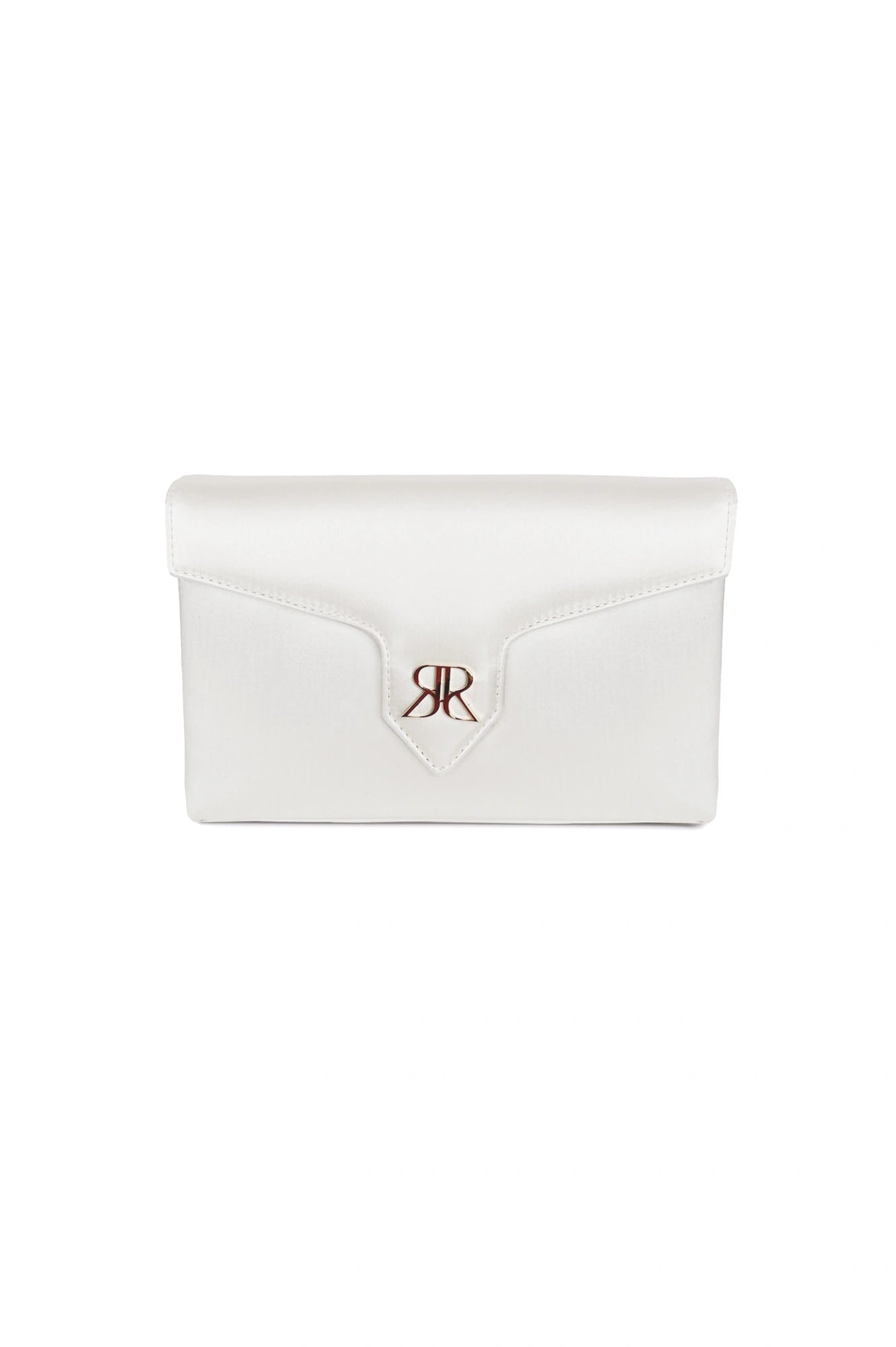 Love Note Envelope Clutch Ivory from The Bella Rosa Collection with monogram logo on flap, crafted from Italian Duchess Satin.