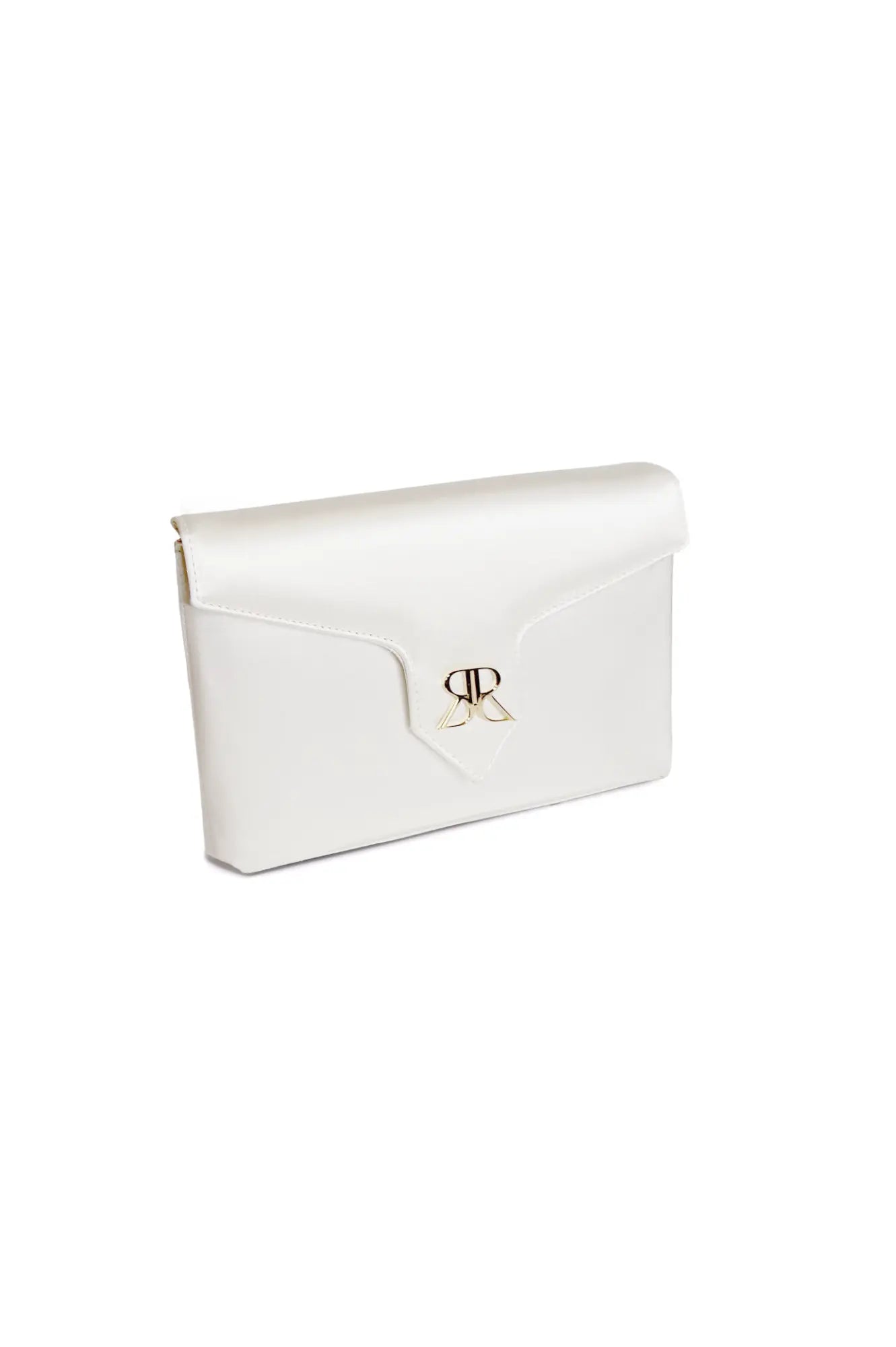 Love Note Envelope Clutch Ivory by The Bella Rosa Collection with a gold-tone metal clasp on a white background.