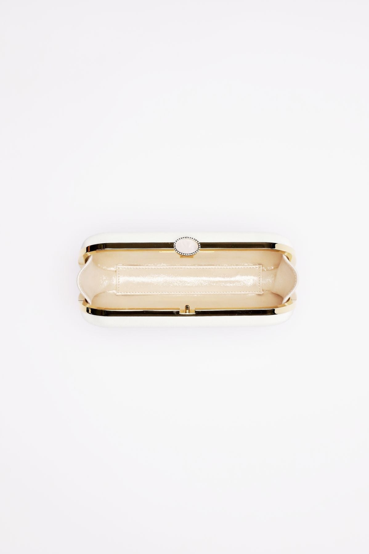 An open, empty Bella Rosa Collection Bella Clutch Sage Green Satin Petitie purse on a white background.