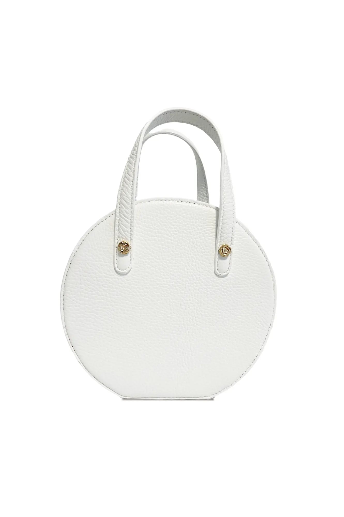 The Bella Rosa Collection Harper Hat Box Handbag in white leather, with two short handles and gold-tone hardware, isolated on a white background.