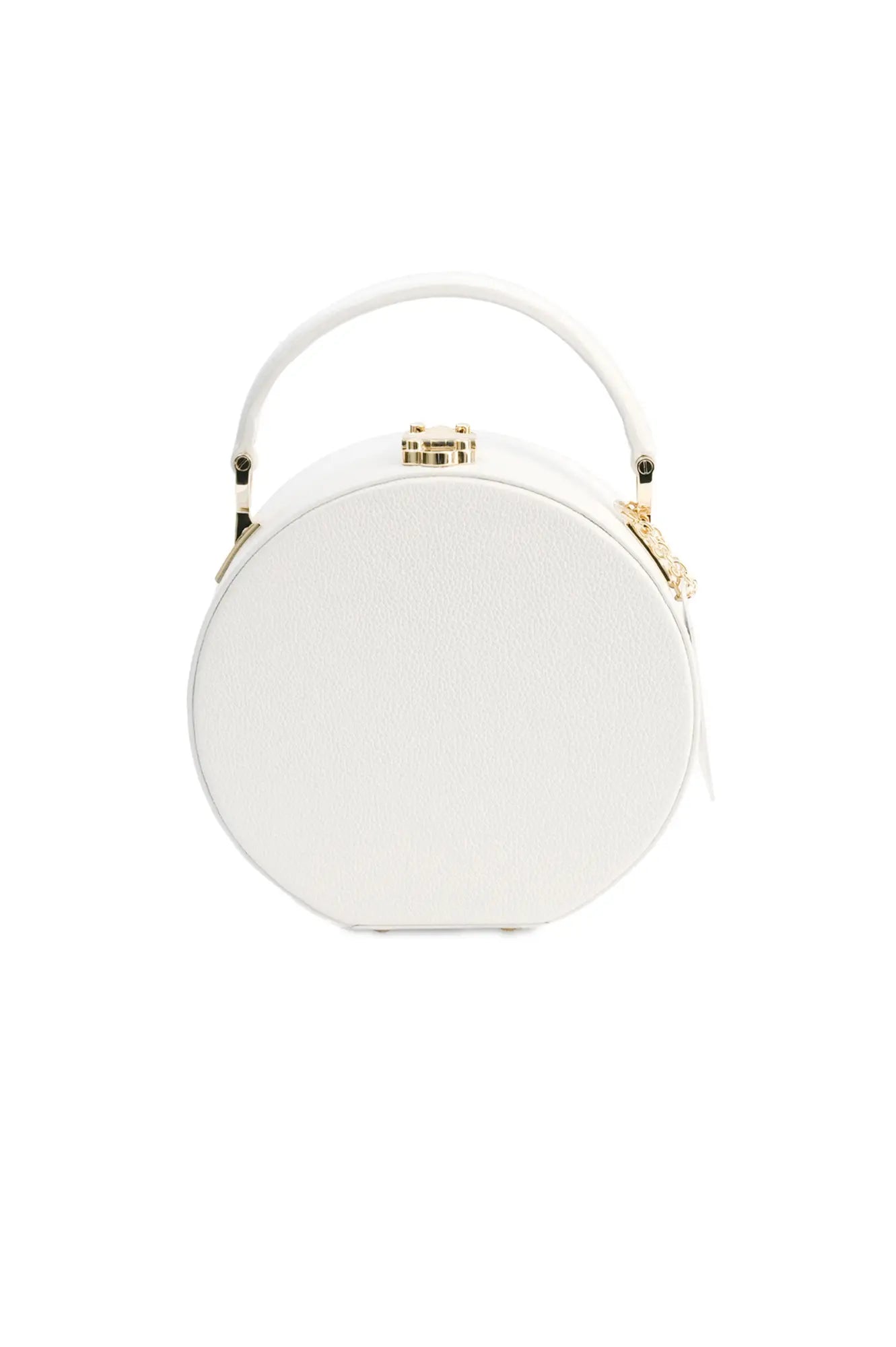 A white round leather handbag with a metallic clasp from The Bella Rosa Collection&#39;s Original Hat Box, on a white background.