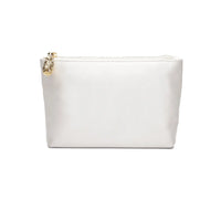 An elegant Hayden Clutch ivory white satin zippered pouch with a gold-tone charm against a white background from The Bella Rosa Collection.