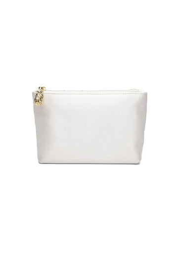 An elegant Hayden Clutch ivory white satin zippered pouch with a gold-tone charm against a white background from The Bella Rosa Collection.