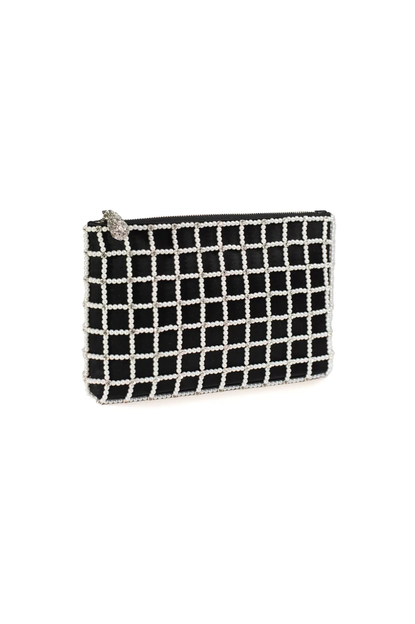 A black and white checkered Pearl Cage Hayden clutch from The Bella Rosa Collection with a zipper closure.