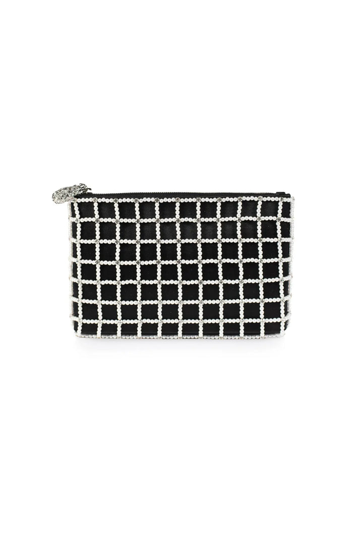 Black and white checkered Bella Rosa Collection Hayden evening clutch against a white background.