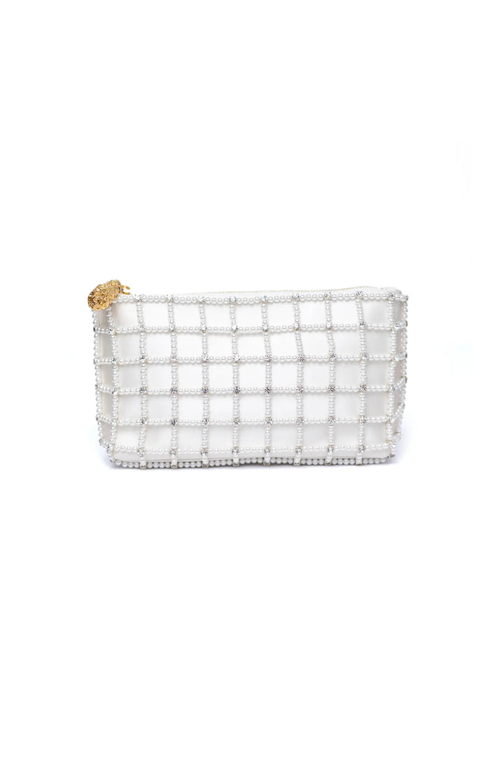 Beaded The Bella Rosa Collection Hayden Clutch - Pearl Cage with pearl beading and gold clasp on a white background.