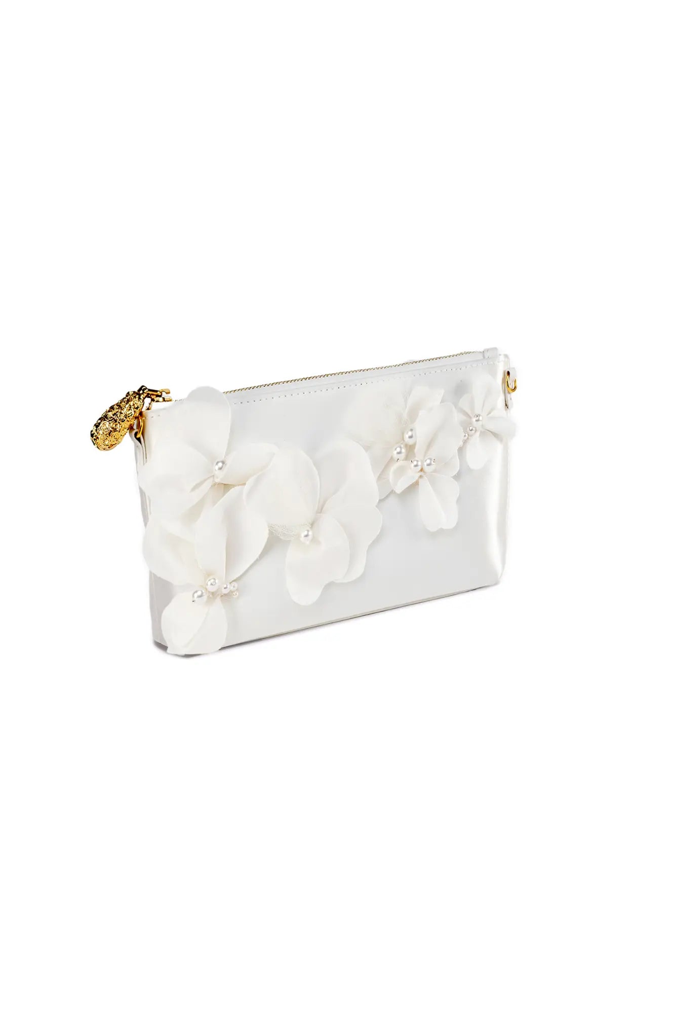 Introducing the Hayden Clutch Purse from The Bella Rosa Collection: a petite white clutch embellished with delicate organza floral designs and pearl accents, crafted from luxurious ivory duchess satin and featuring a chic gold zipper pull. Currently available as part of our Sample Sale.