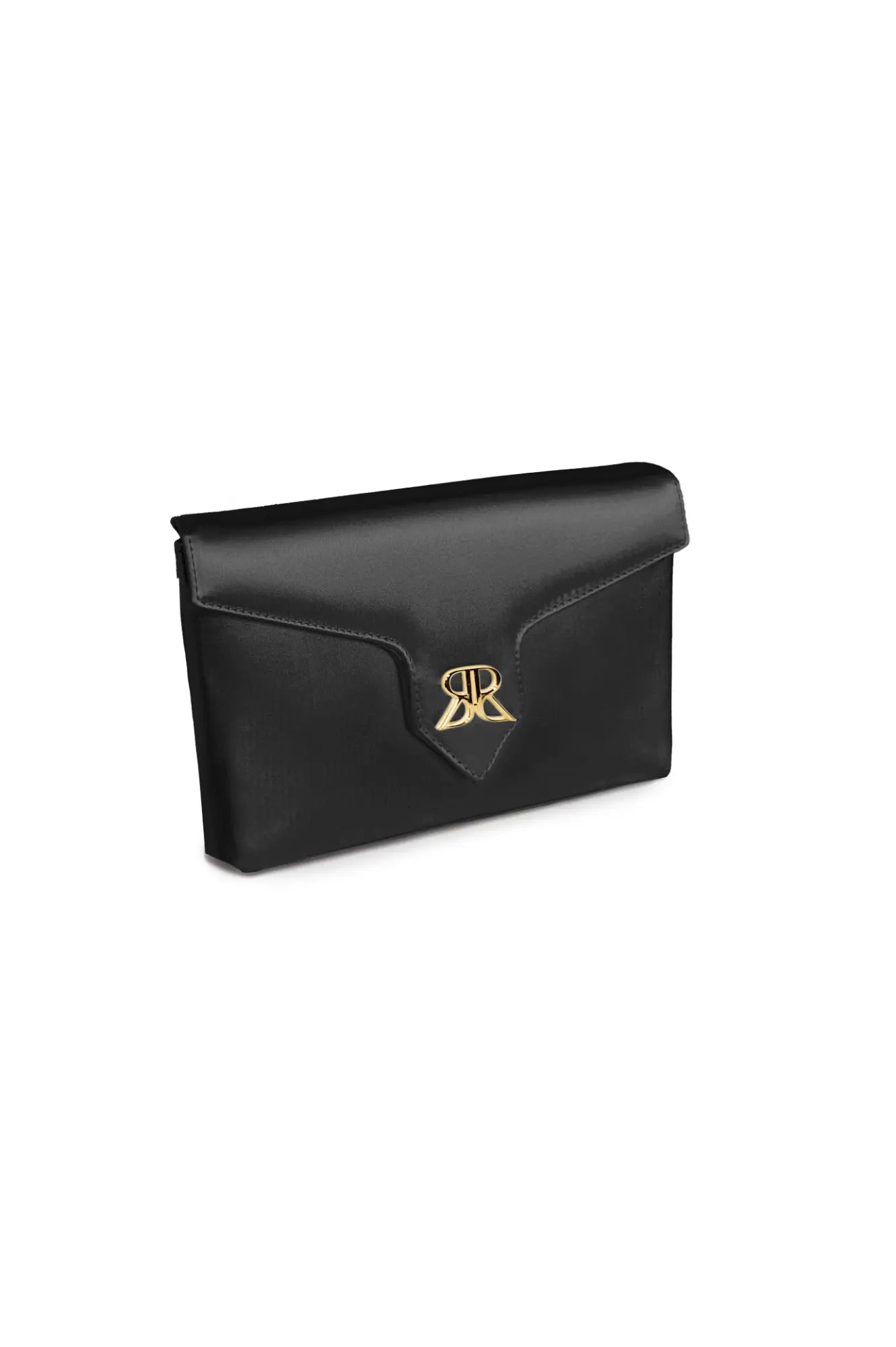 Love Note Envelope Clutch Black by The Bella Rosa Collection with a metallic logo clasp on a white background.
