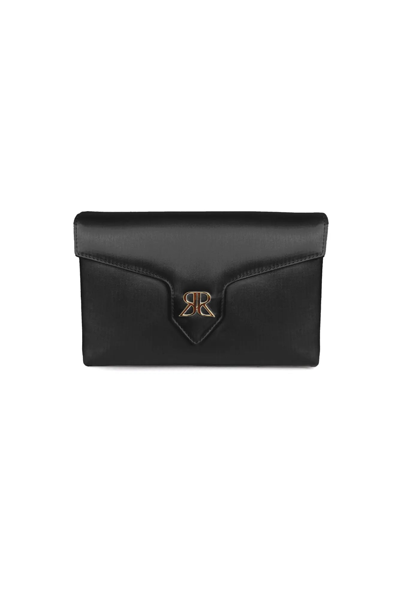 Love Note Envelope Clutch Black from The Bella Rosa Collection with a golden monogram.