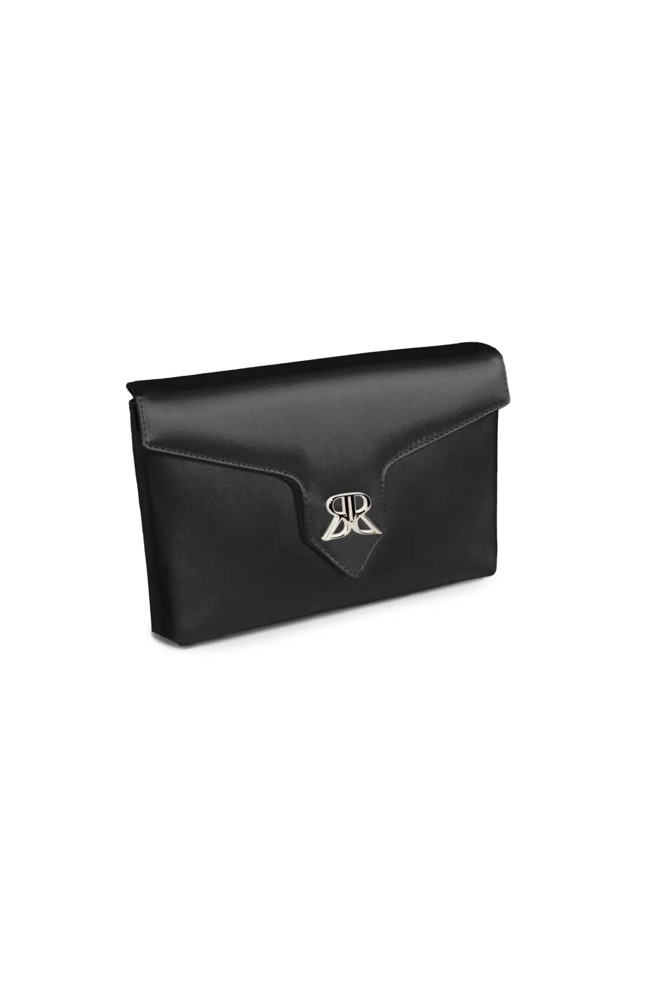 A black Love Note Envelope Clutch Black with a metallic logo clasp on a white background.