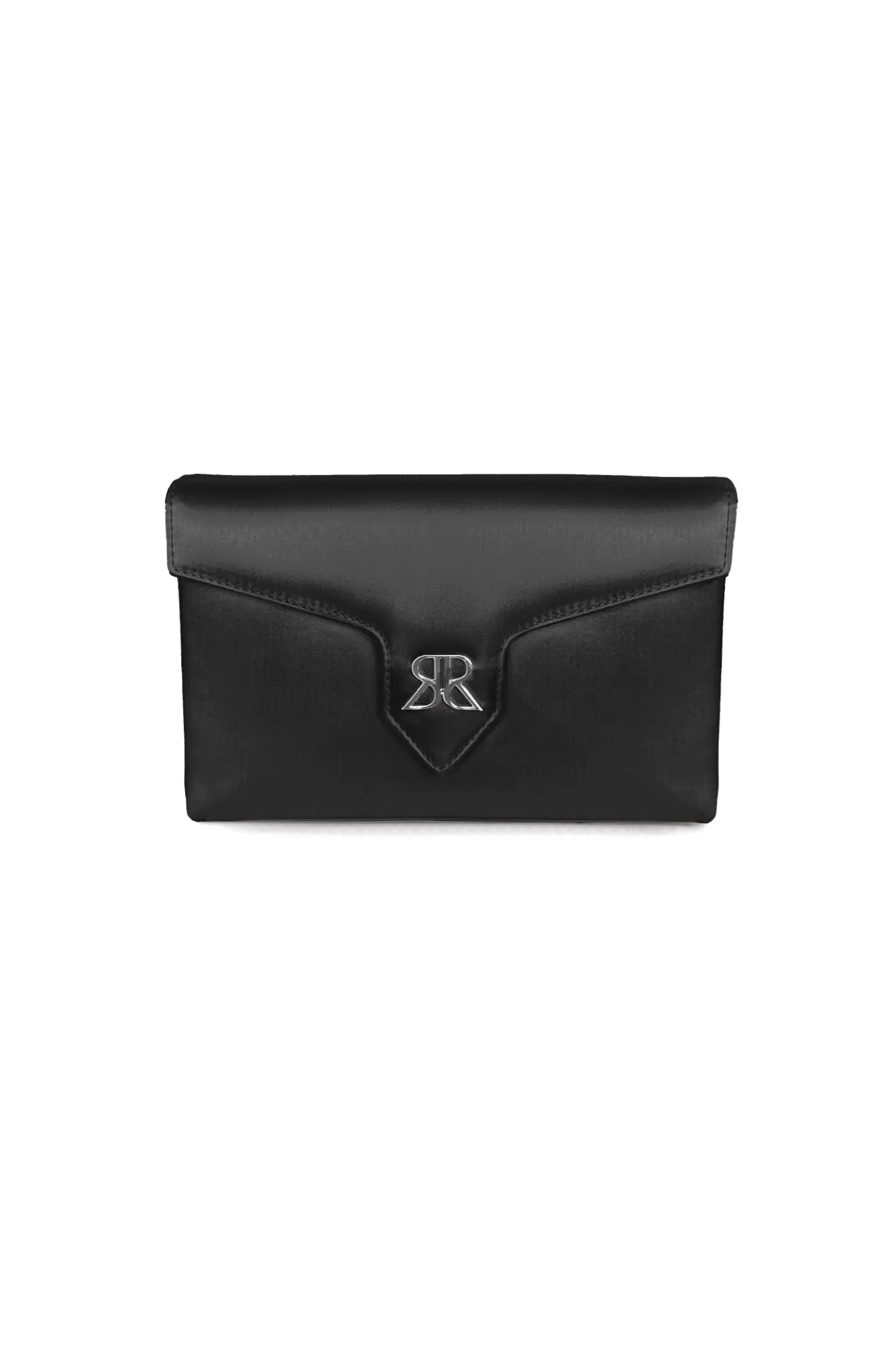 Love Note Envelope Clutch Black from The Bella Rosa Collection with metallic logo detail on a white background.