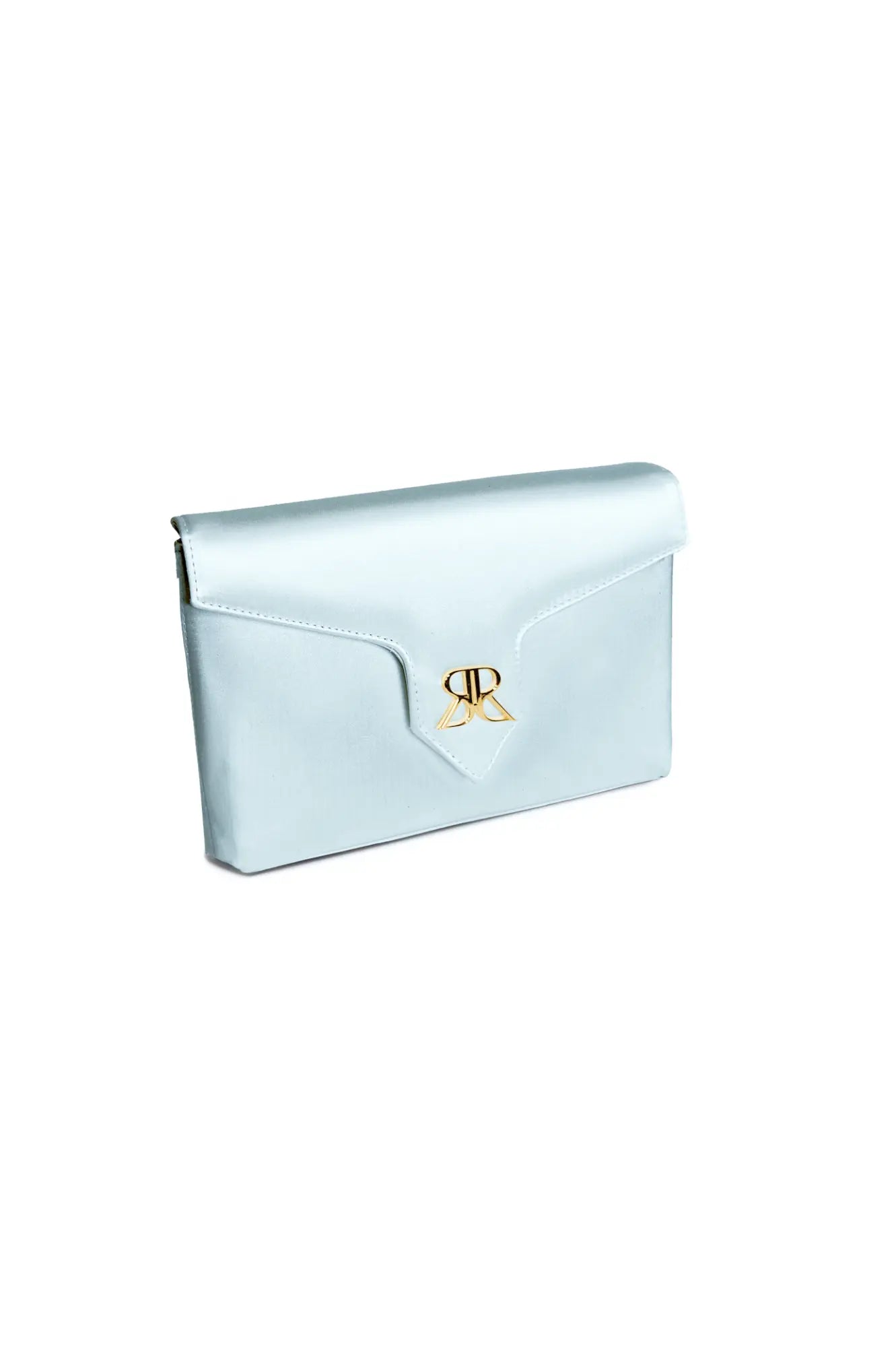 Light blue Love Note Envelope Clutch Cinderella Blue with a gold clasp against a white background transforms into an elegant evening navy satin clutch. - The Bella Rosa Collection