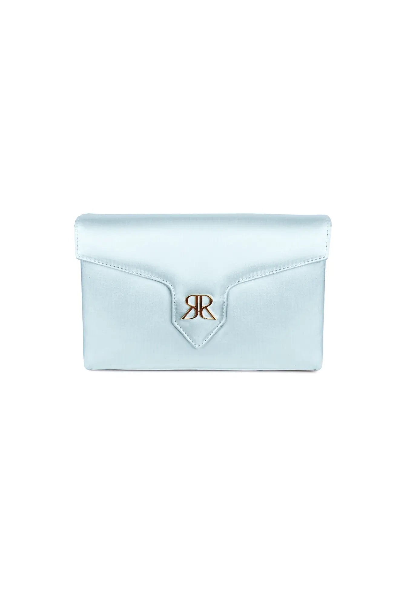 Love Note Envelope Clutch Cinderella Blue from The Bella Rosa Collection, with a metallic logo clasp on a white background, perfect for elegant evenings.