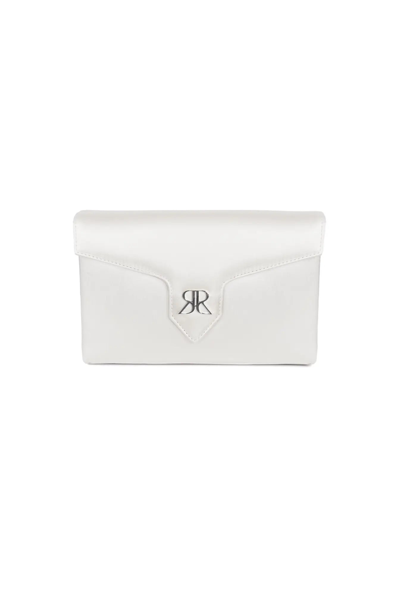 Love Note Envelope Clutch Ivory from The Bella Rosa Collection with a silver monogram clasp on a white background.