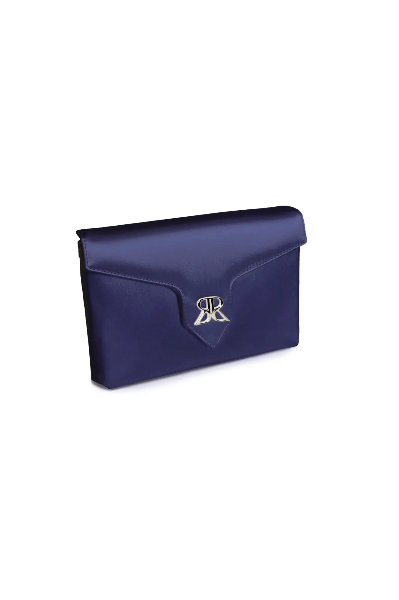 Duchess Satin navy blue Love Note Envelope Clutch with a metallic clasp on a white background. 
Product Name: Love Note Envelope Clutch Navy
Brand Name: The Bella Rosa Collection

Revised Sentence: Duchess Satin navy blue Love Note Envelope Clutch Navy with a metallic clasp on a white background by The Bella Rosa Collection.