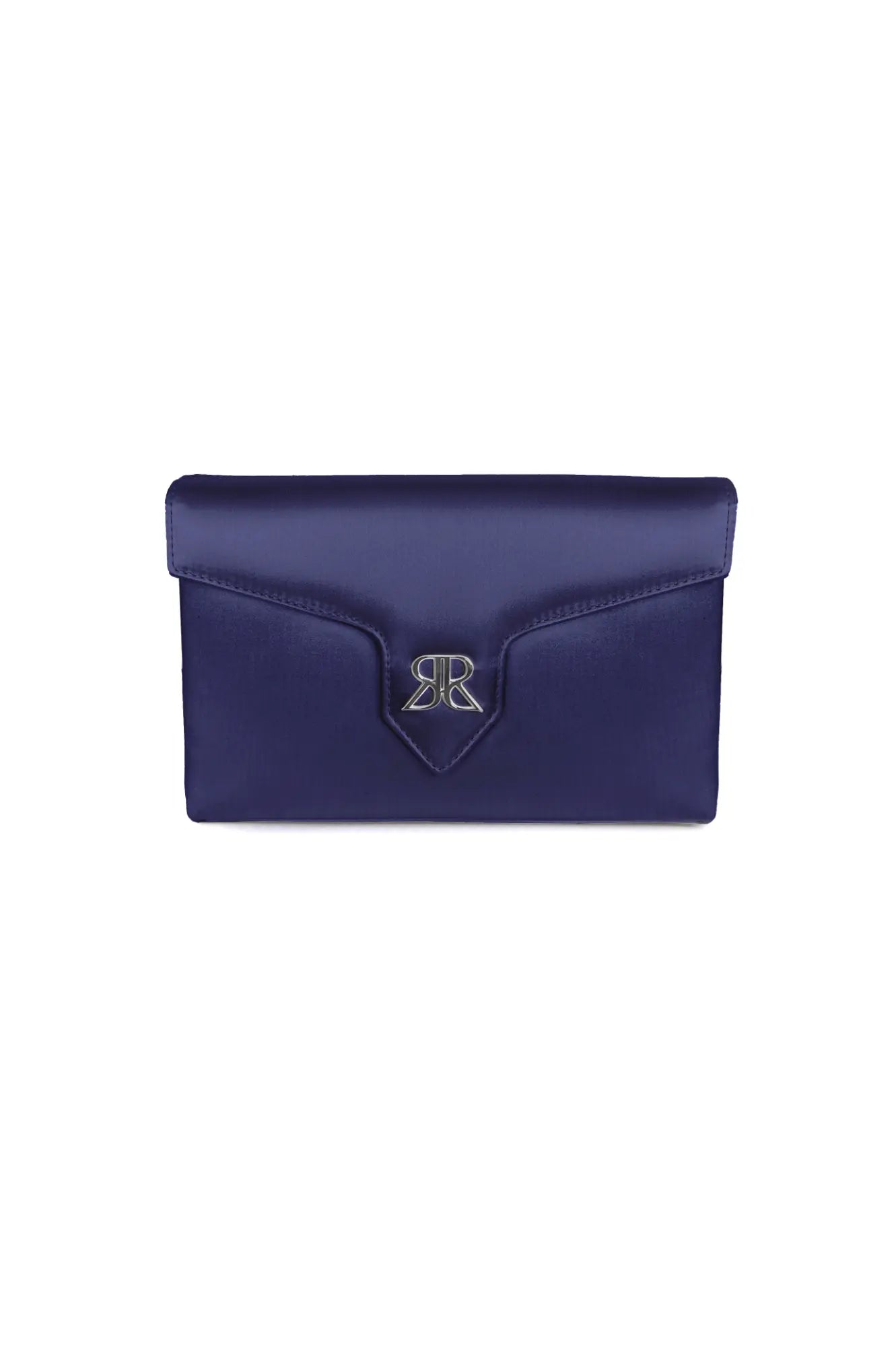 Love Note Envelope Clutch Navy from The Bella Rosa Collection with a branded emblem.