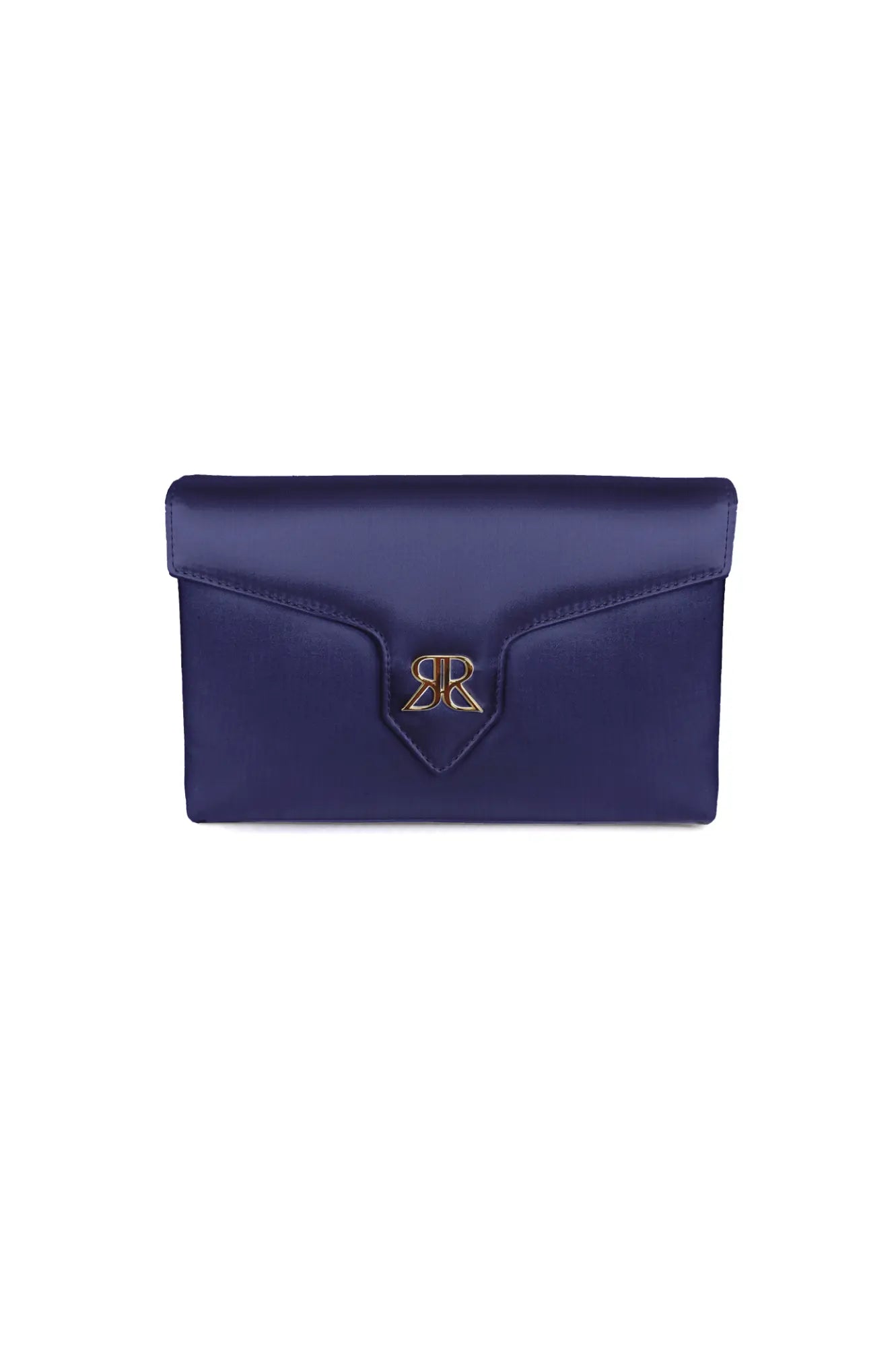 The Bella Rosa Collection Love Note Envelope Clutch Navy with gold monogram emblem on white background.