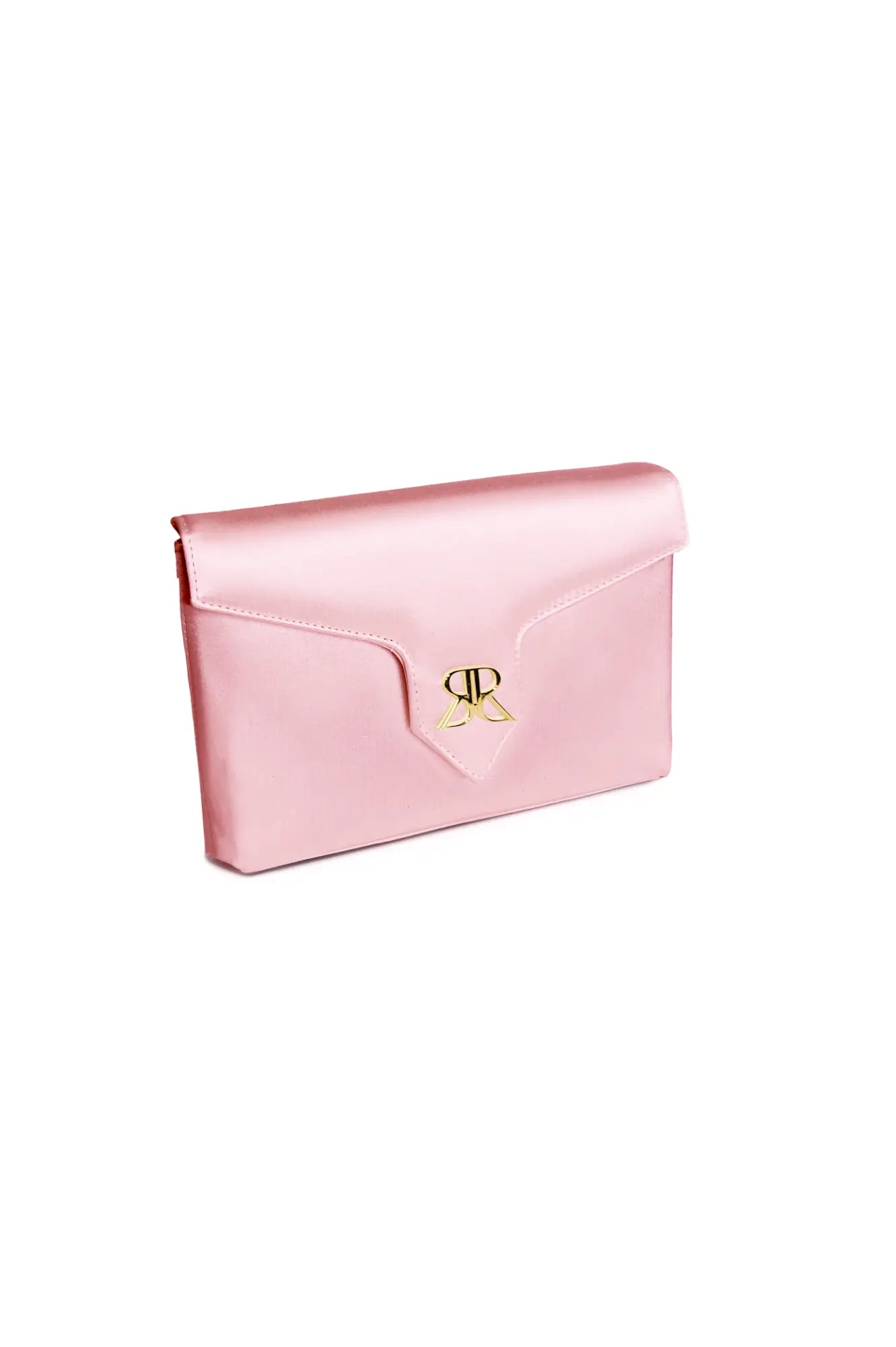 Love Note Envelope Clutch Pink Sky by The Bella Rosa Collection with a gold clasp against a white background.
