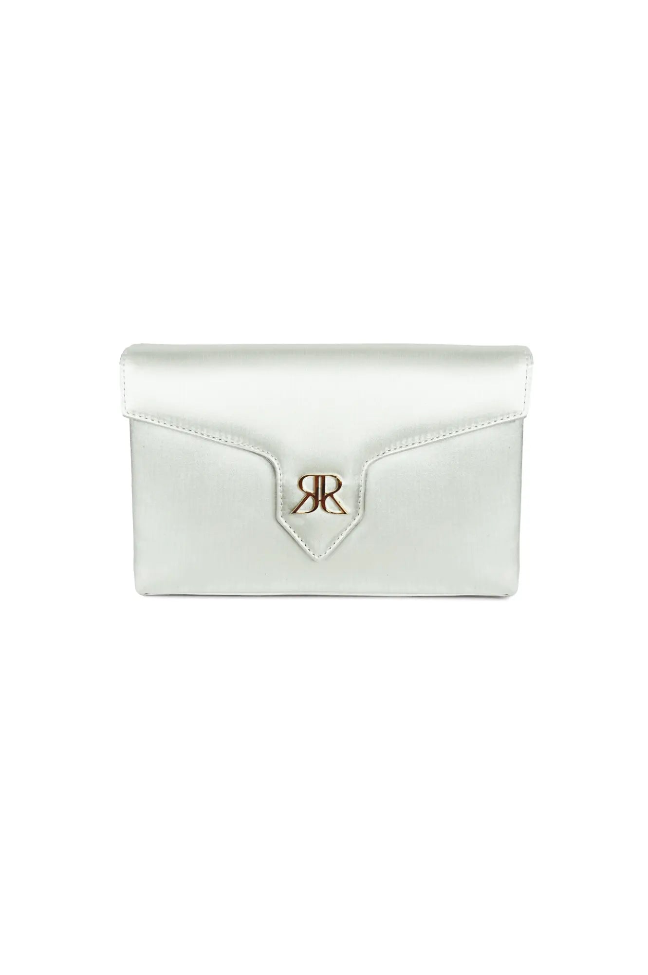 Duchess Satin Love Note Envelope Clutch Sage Green with a metallic monogram closure from The Bella Rosa Collection.