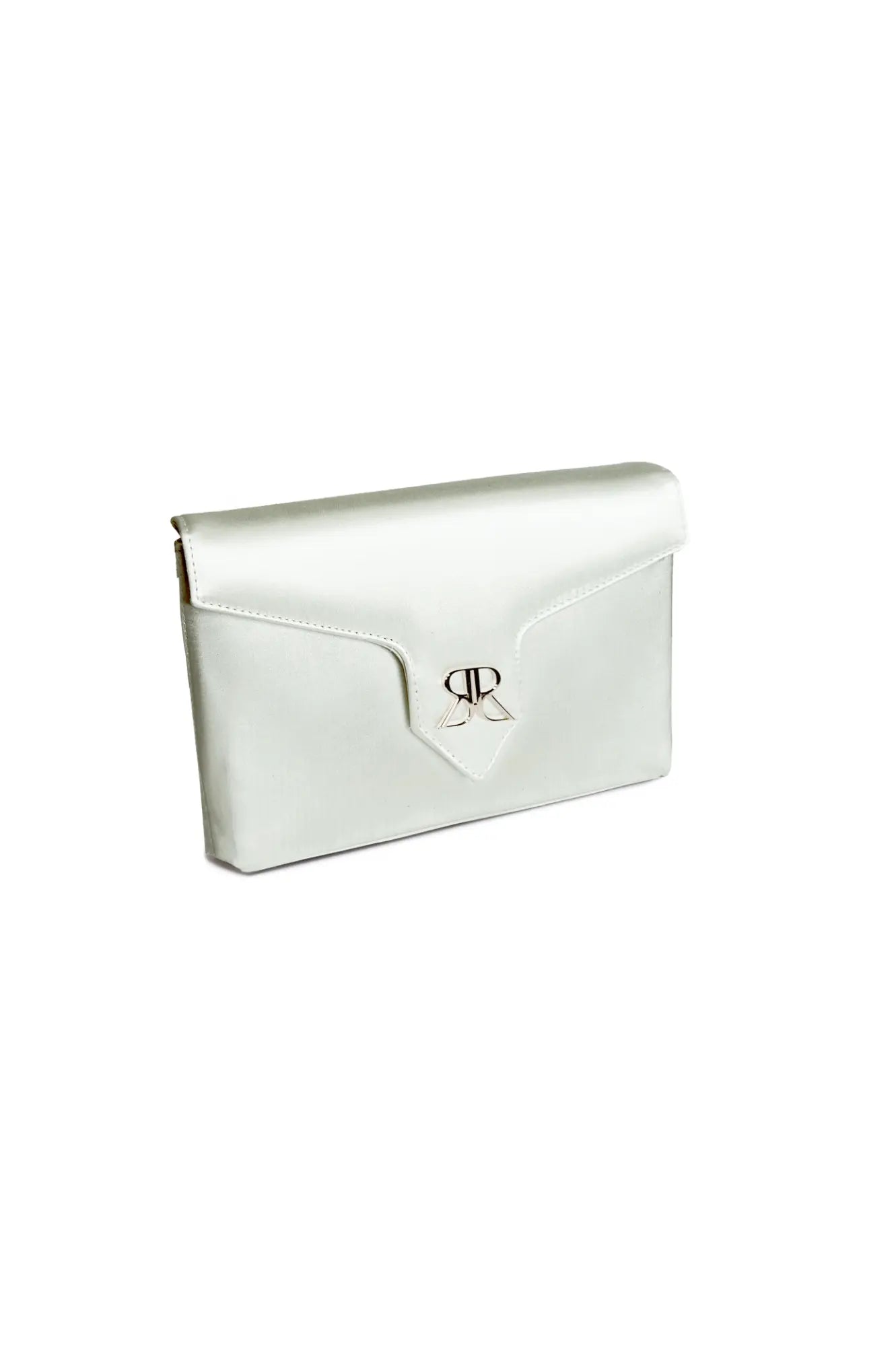 The Bella Rosa Collection Sage Green Love Note Envelope Clutch with a metallic logo clasp on a white background.