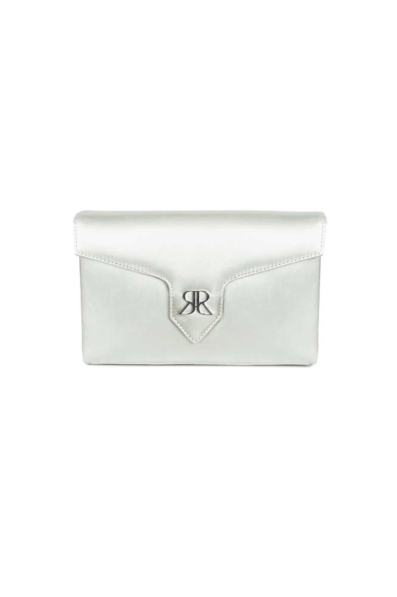 Steel Blue Duchess Satin Love Note Envelope Clutch Sage Green with a metallic logo clasp against a white background by The Bella Rosa Collection.