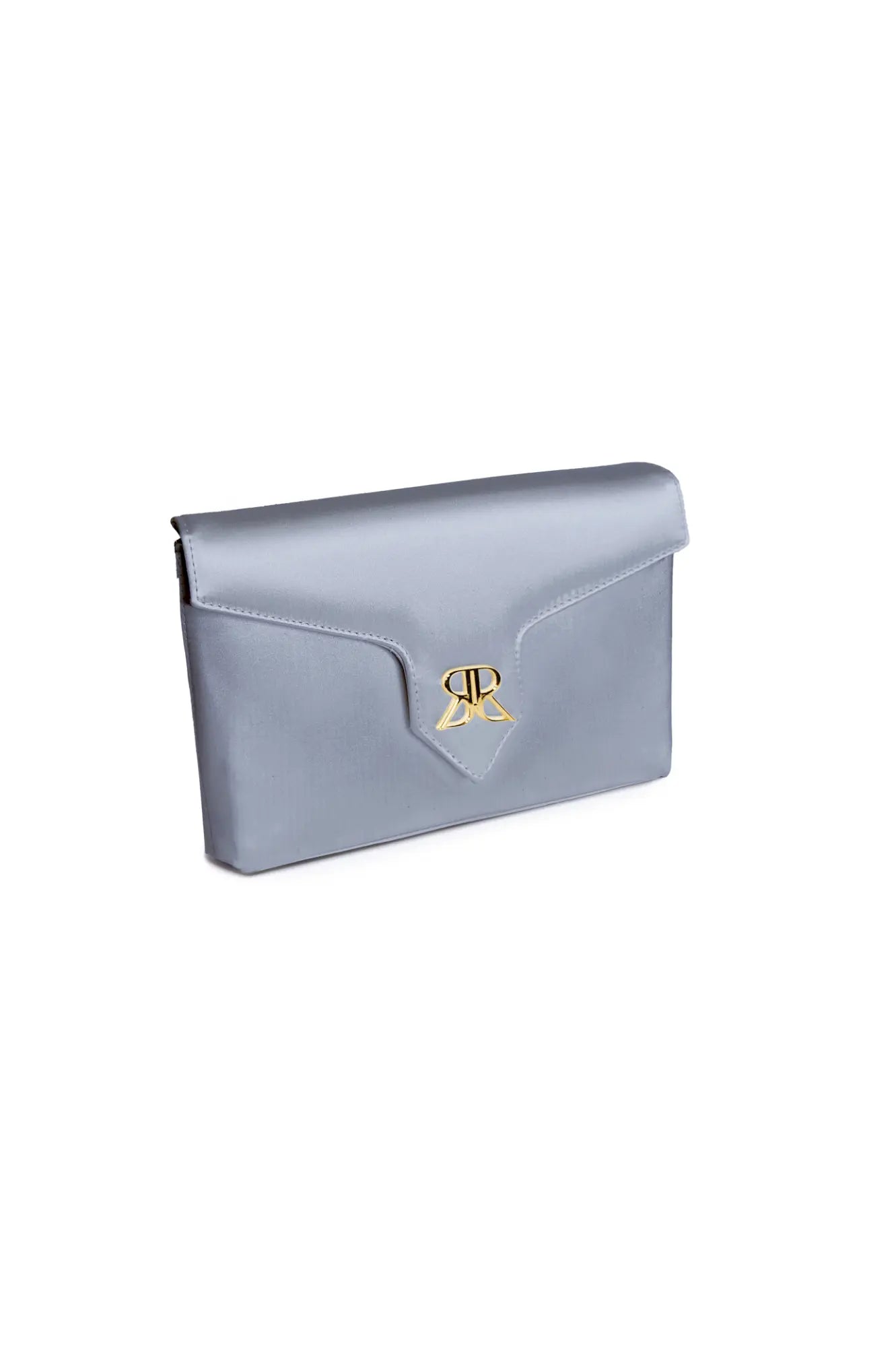 An Italian luxury accessory, a Love Note Envelope Clutch Steel Blue from The Bella Rosa Collection with a gold clasp on a white background.