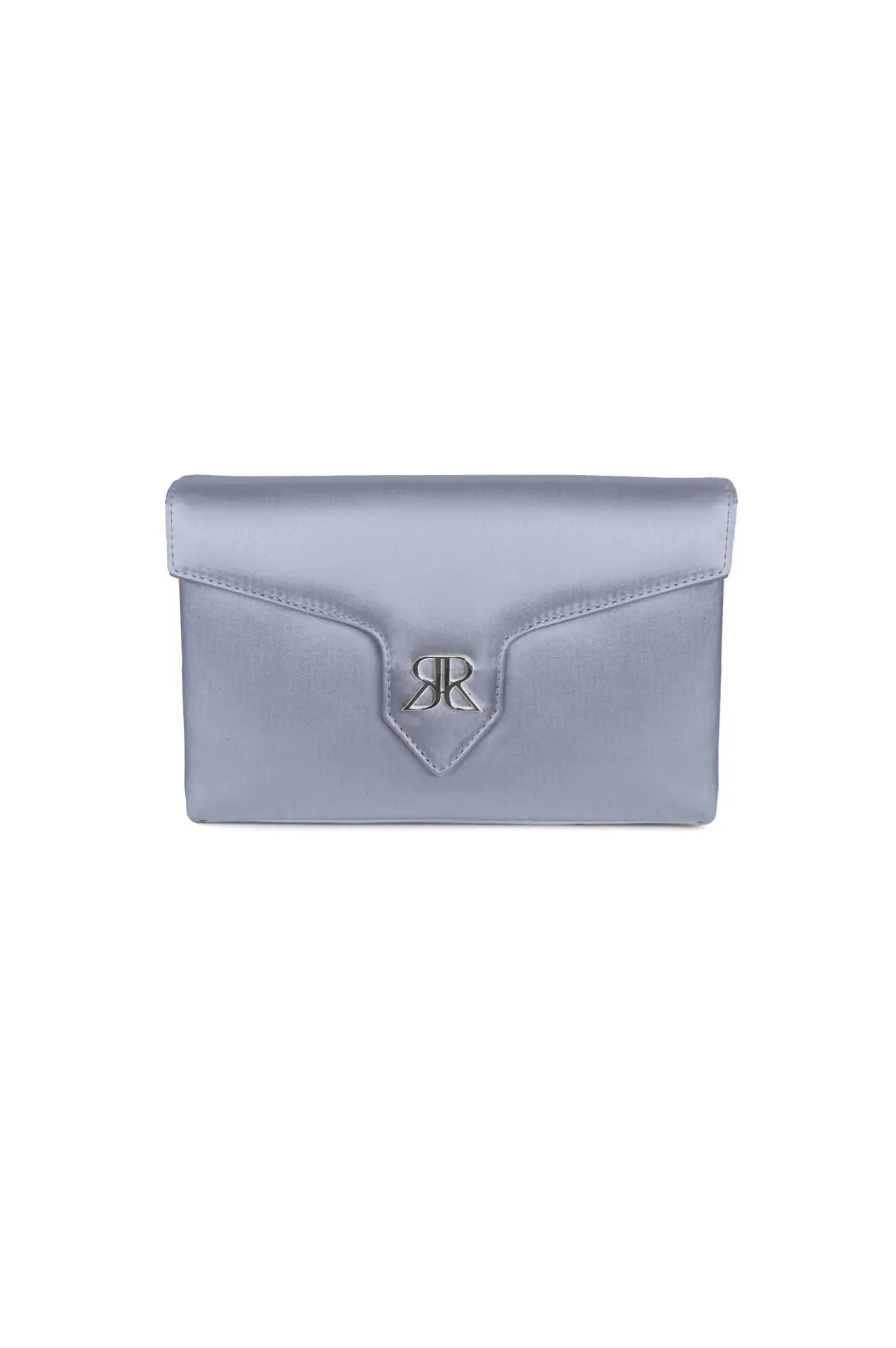 Love Note Envelope Clutch Steel Blue clutch bag with a metallic fastener on a white background by The Bella Rosa Collection.