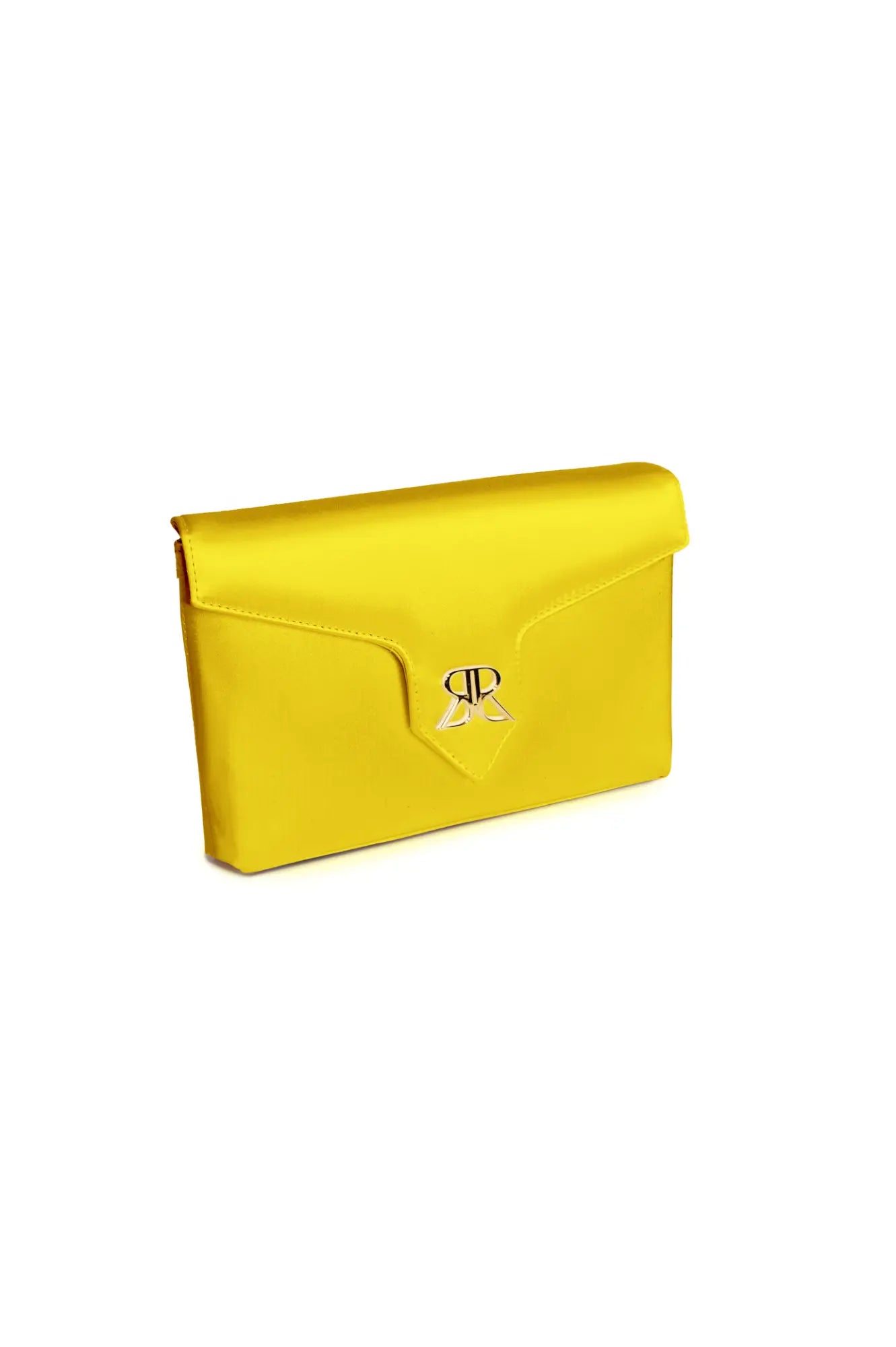 Love Note Envelope Clutch Limoncello Yellow by The Bella Rosa Collection with a metallic clasp on a white background.