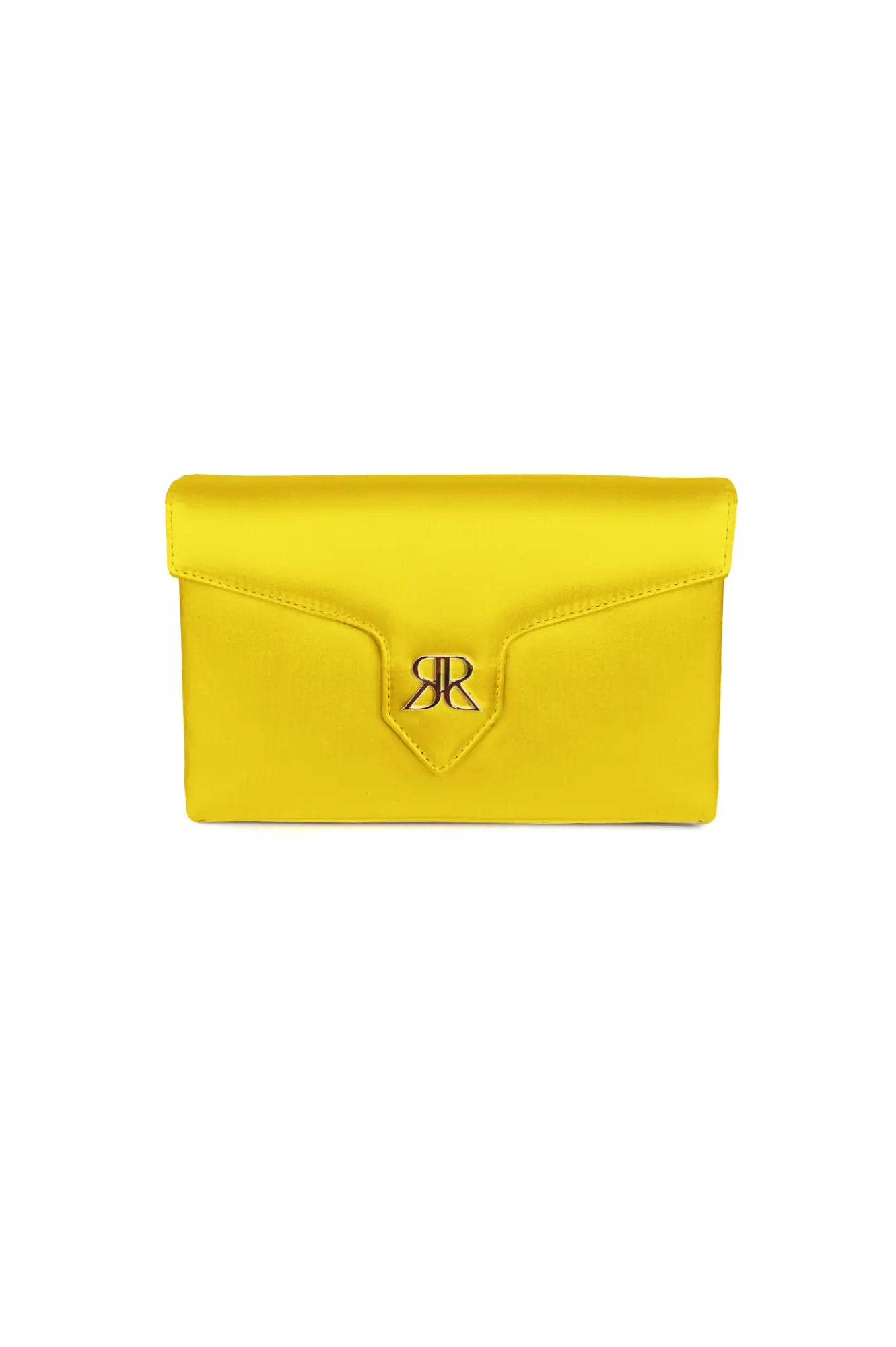 Bright yellow Love Note Envelope Clutch Limoncello Yellow with a metallic emblem on a white background from The Bella Rosa Collection.