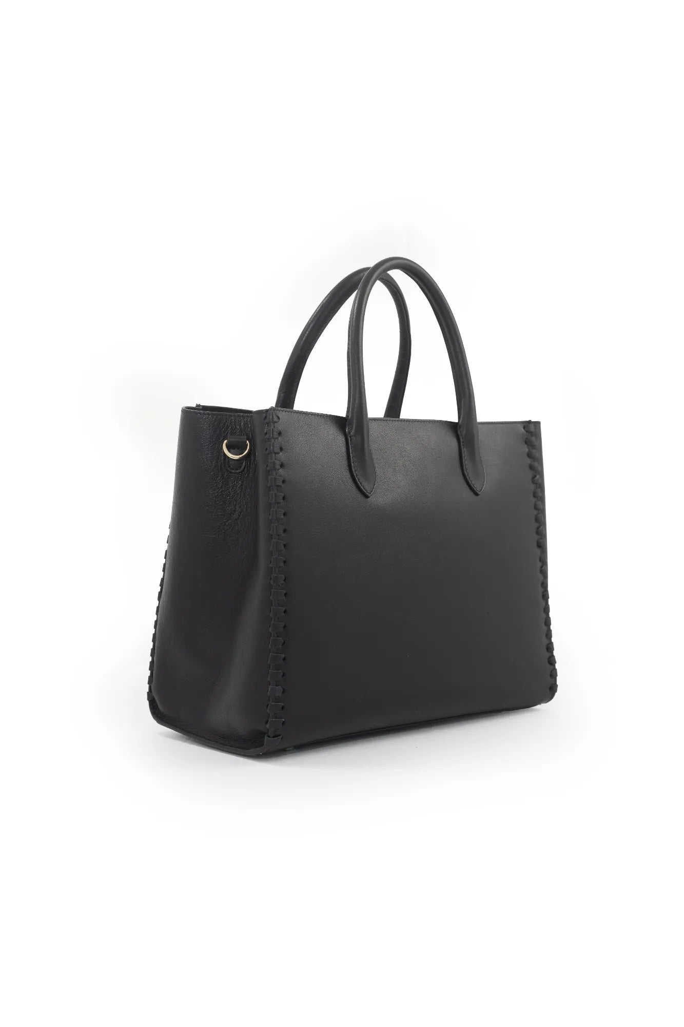 Introducing the LOVE Tote - Black by The Bella Rosa Collection: a stylish black leather handbag with dual handles and an elegant calligraphy design stitched onto the sides. It effortlessly captures sophistication against a white background, making it your ideal companion for wedding day essentials.