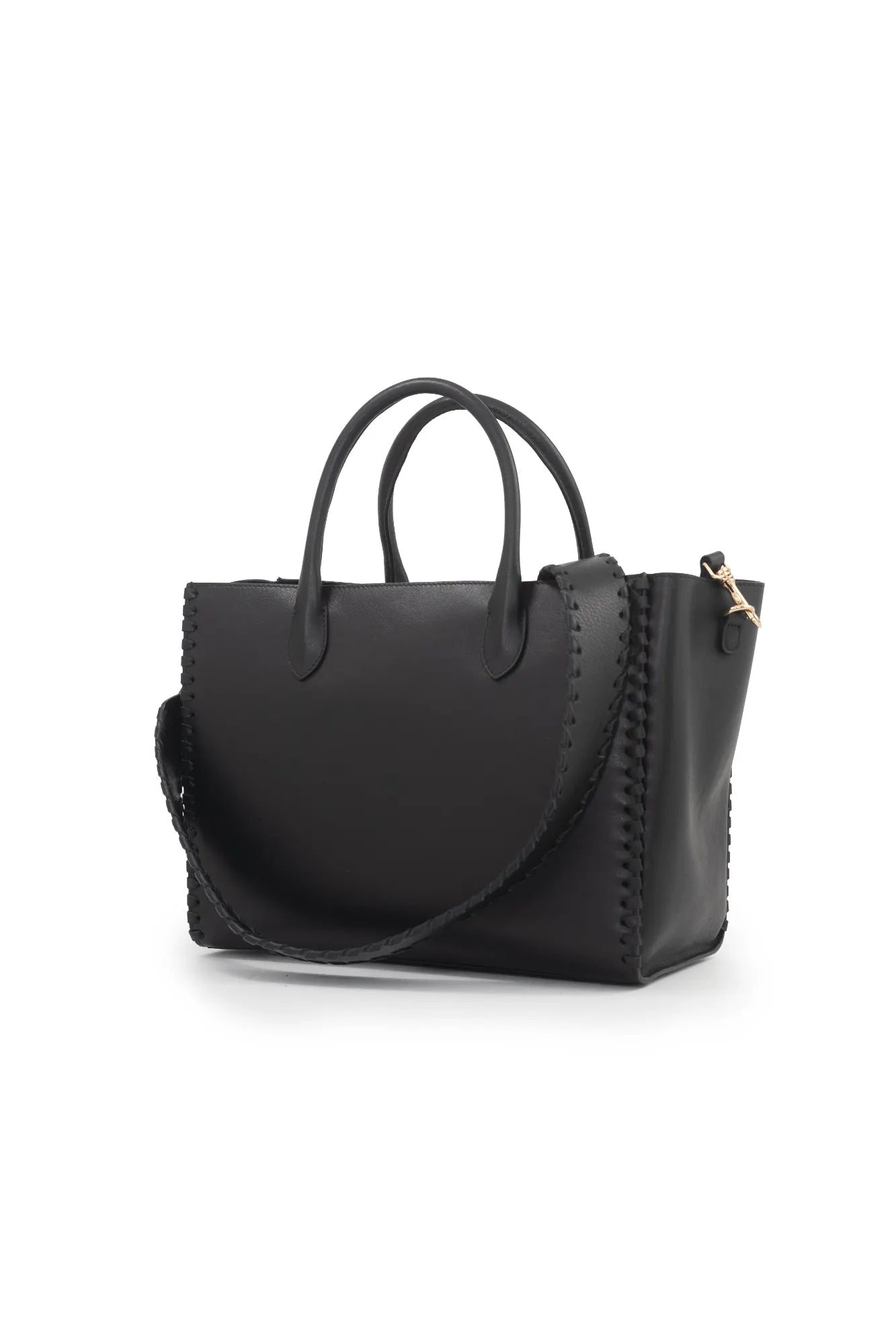 Introducing the LOVE Tote - Black from The Bella Rosa Collection: a stylish leather handbag featuring two round handles and intricate stitching that echoes calligraphy designs. It comes with a detachable shoulder strap, making it an ideal choice for carrying your wedding day essentials in style.