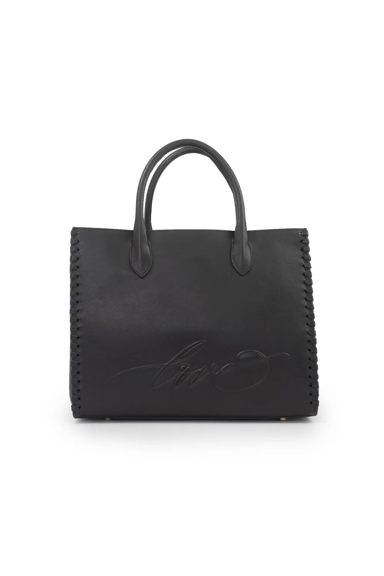 The LOVE Tote - Black from The Bella Rosa Collection showcases a sleek black leather design with two handles, elegant decorative stitching along the edges, and an embossed signature on the front. It&#39;s versatile enough to stylishly and elegantly carry your wedding day essentials.