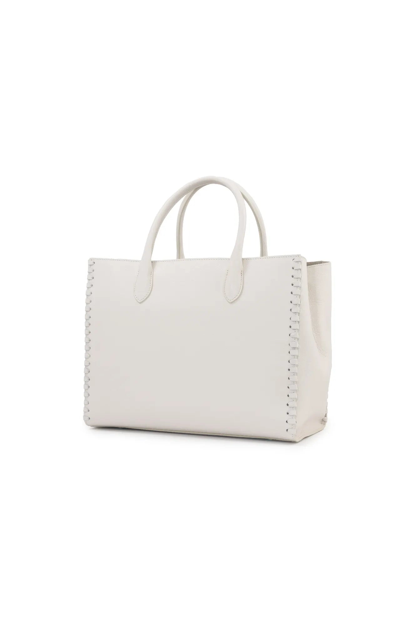 The LOVE Tote - White from The Bella Rosa Collection is a chic white leather bag featuring two sturdy handles and elegant stitched detailing along its sides, making it the ideal accessory for elegantly carrying your wedding day essentials.