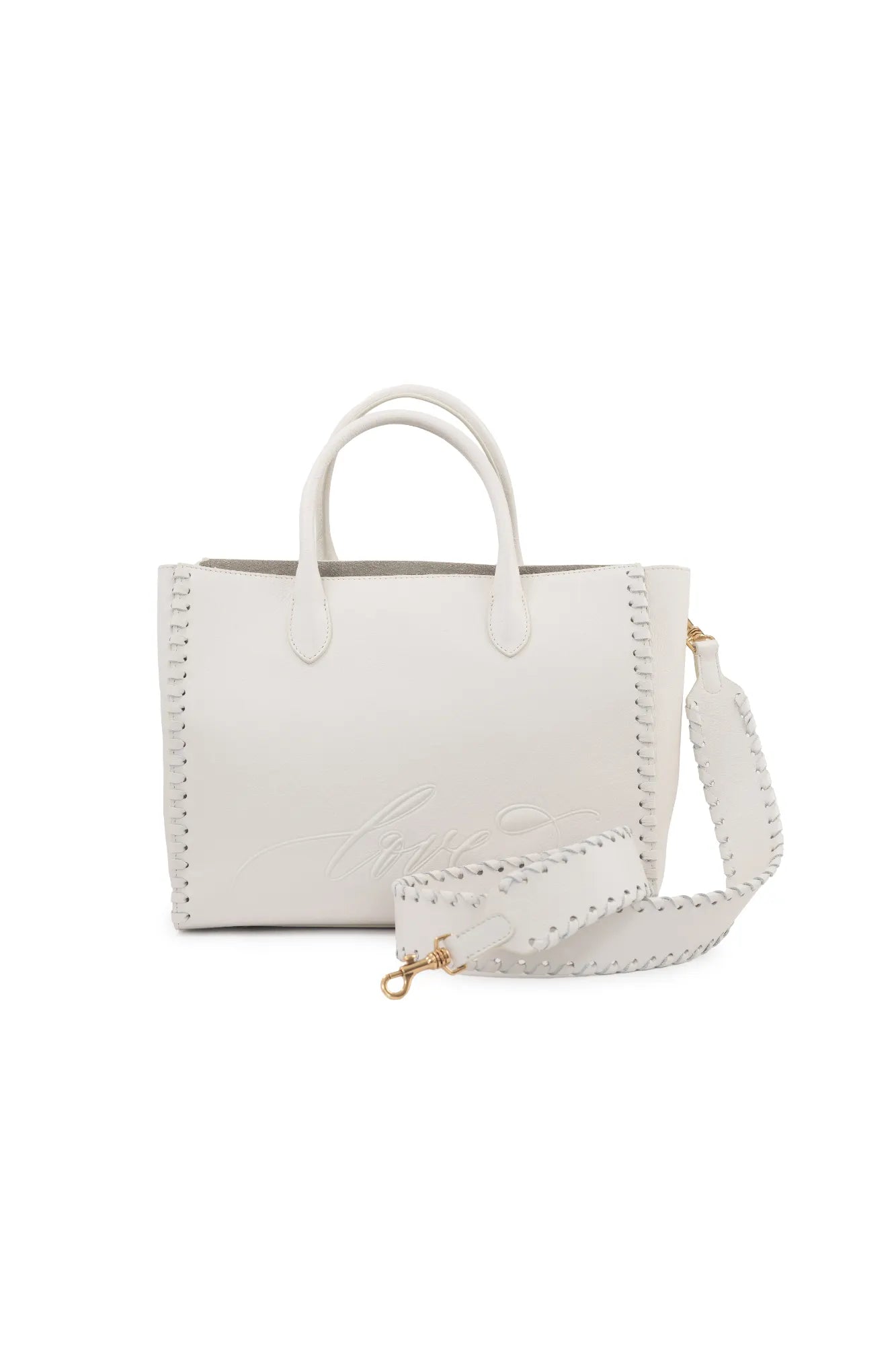 Introducing the LOVE Tote - White from The Bella Rosa Collection: a chic handbag adorned with stitched handles and edges, ideal for your wedding day essentials. It boasts a coordinating detachable strap and sophisticated calligraphy design, merging practicality with timeless elegance.