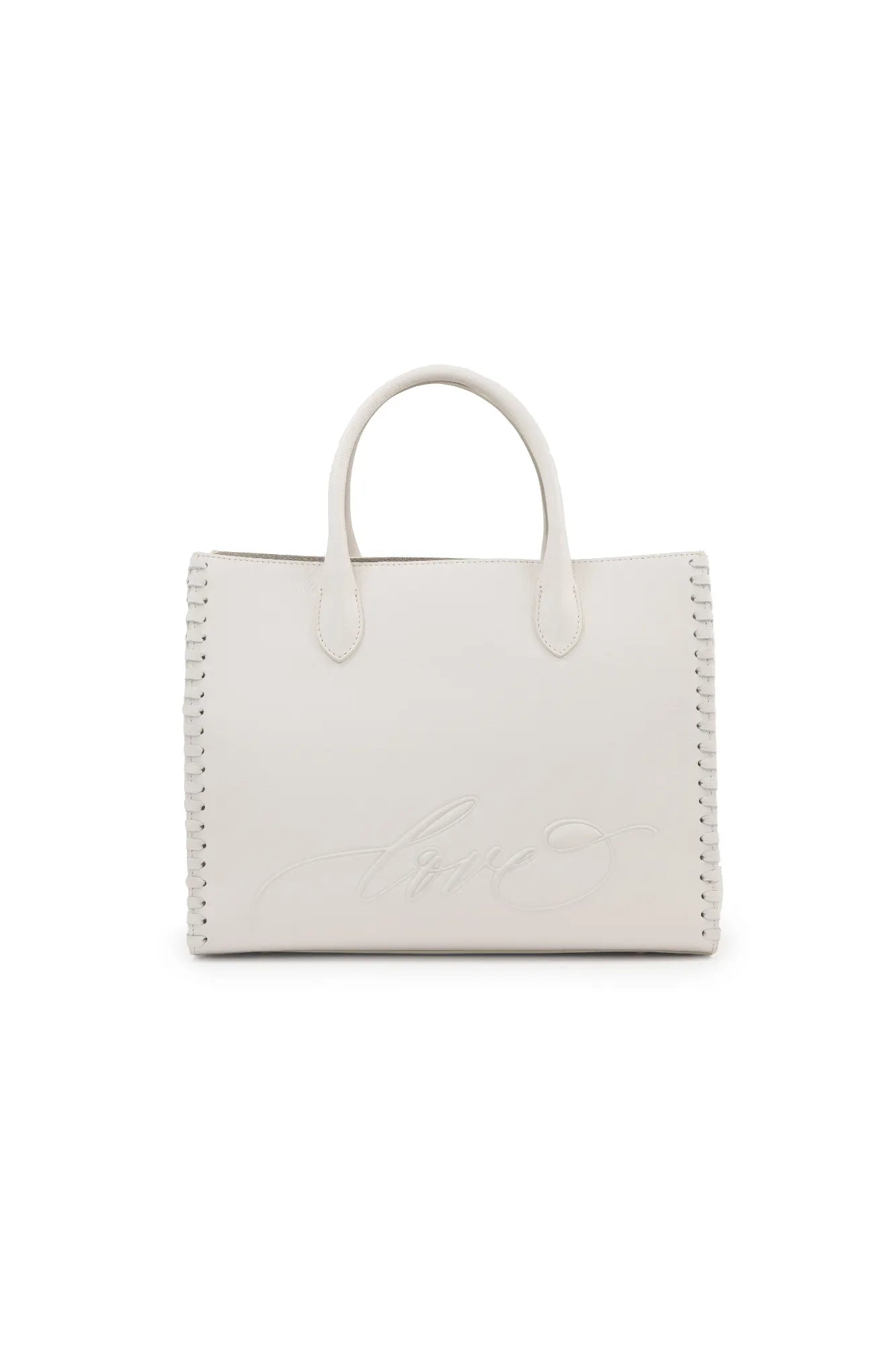 Introducing the LOVE Tote - White from The Bella Rosa Collection: a stunning off-white leather bag adorned with an embossed calligraphy logo and elegantly stitched edges, perfect for carrying all your wedding day essentials.