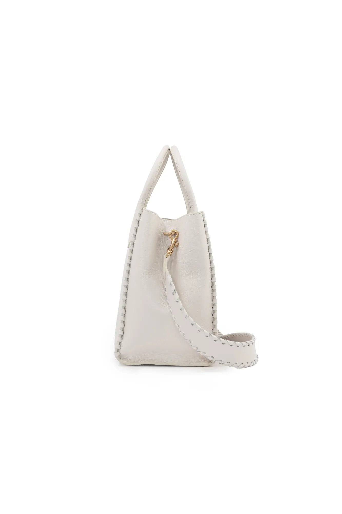 Side view of The Bella Rosa Collection's LOVE Tote in white, featuring stitched details and a detachable strap, perfect for your wedding day essentials.