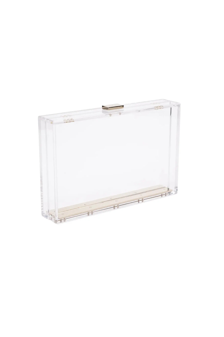 Customizable clear acrylic Mia Clutch by The Bella Rosa Collection on a white background.
