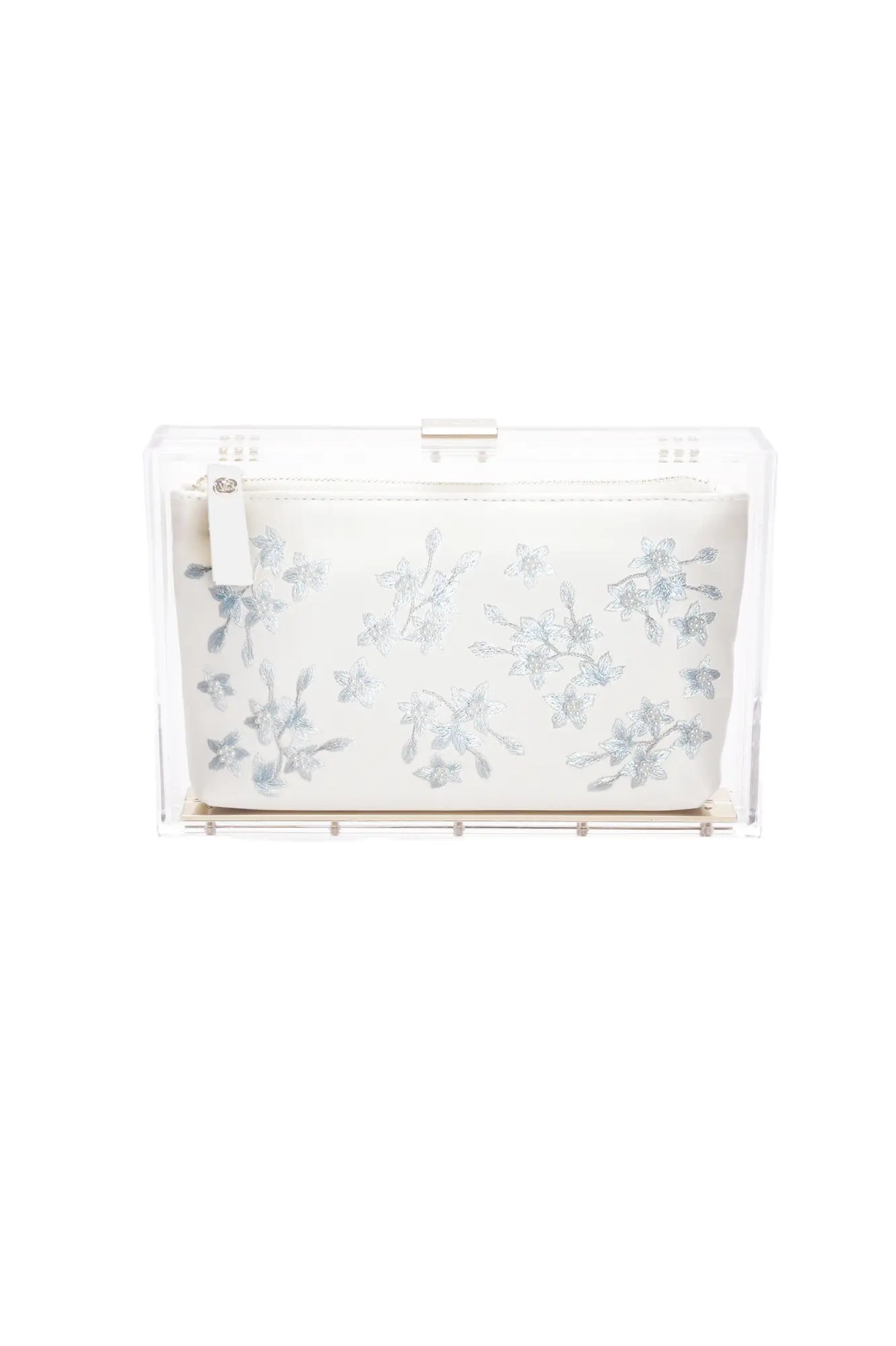 Transparent Mia Acrylic Clutch with Ivory Pouch Blue Flowers from The Bella Rosa Collection.