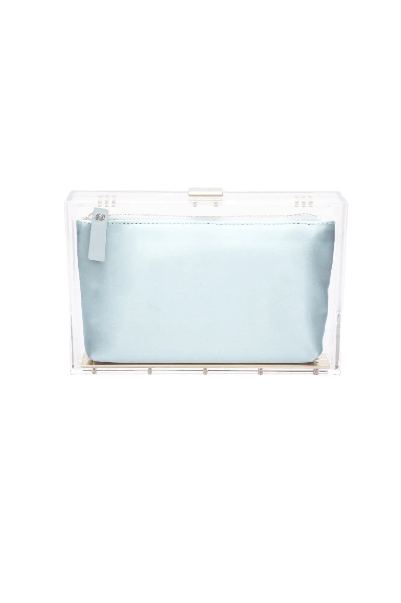 Transparent Mia Acrylic Clutch with a Cinderella Blue satin pouch insert by The Bella Rosa Collection.