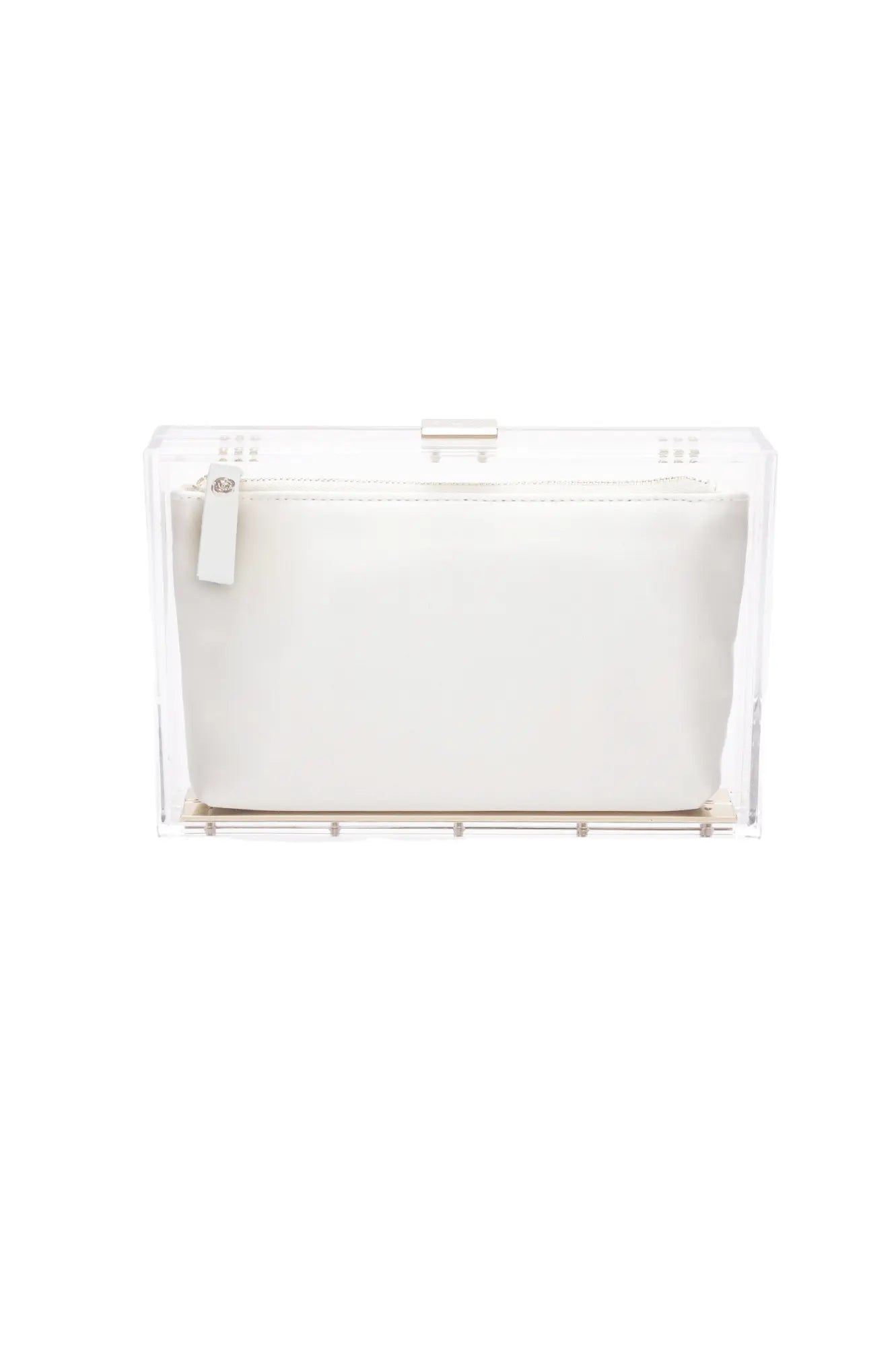 Transparent Italian acrylic Mia Clutch with Ivory Satin Zipper Pouch from The Bella Rosa Collection on a white background.