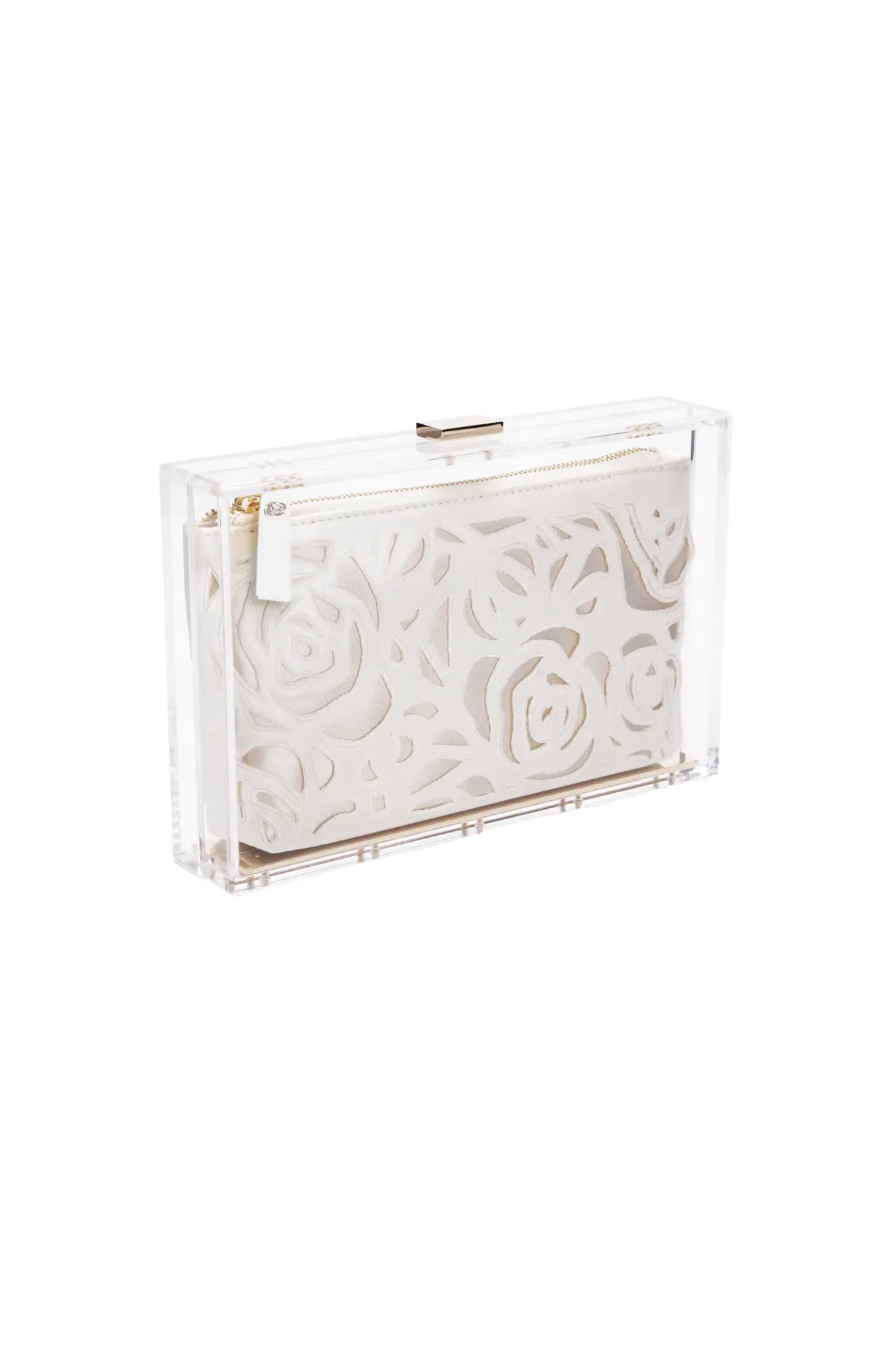 Clear Italian Mia Acrylic Clutch with Ivory Laser Cut Rose, from The Bella Rosa Collection.