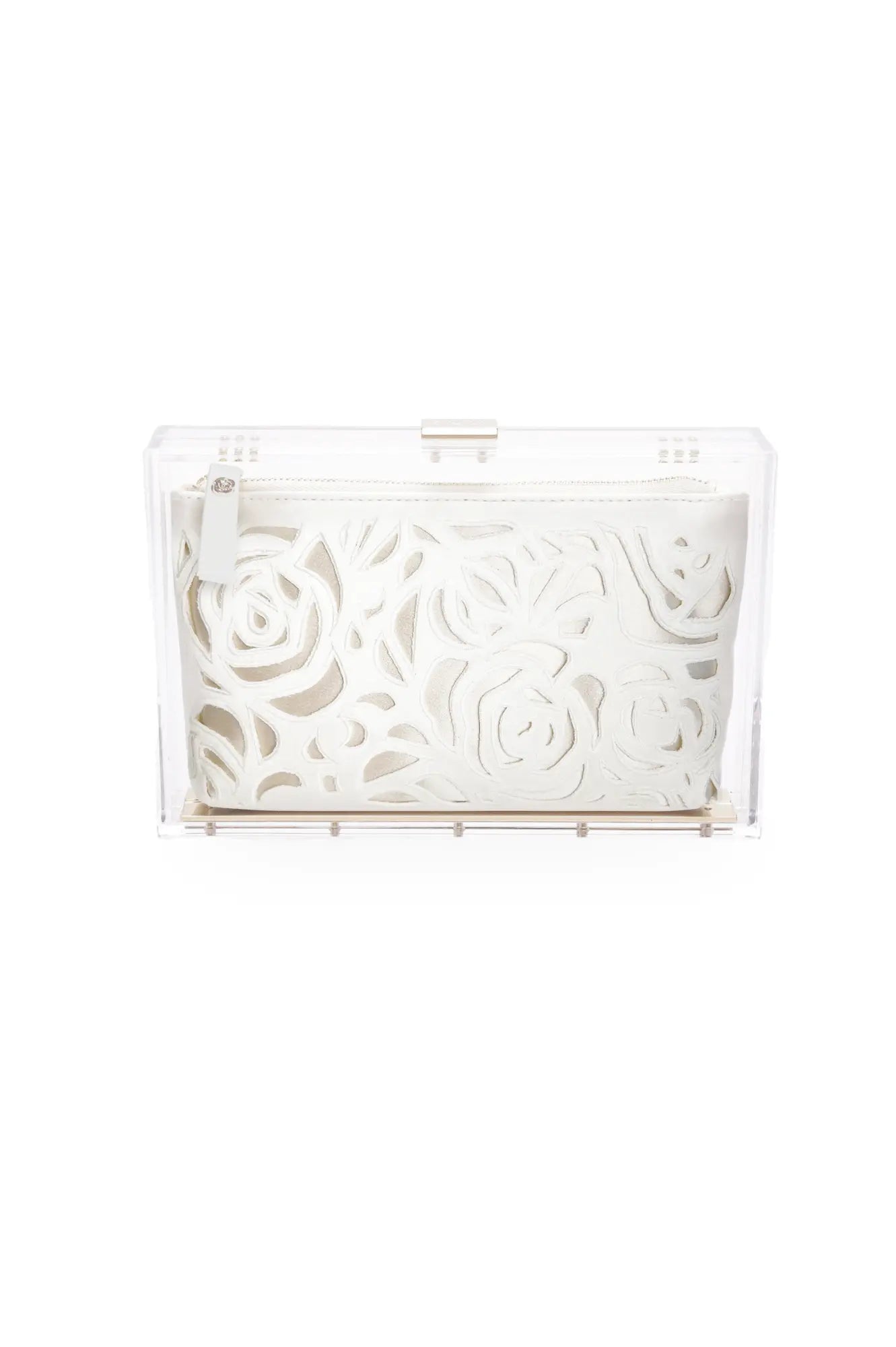 The Bella Rosa Collection Mia Acrylic Clutch with Ivory Laser Cut Rose and floral design.