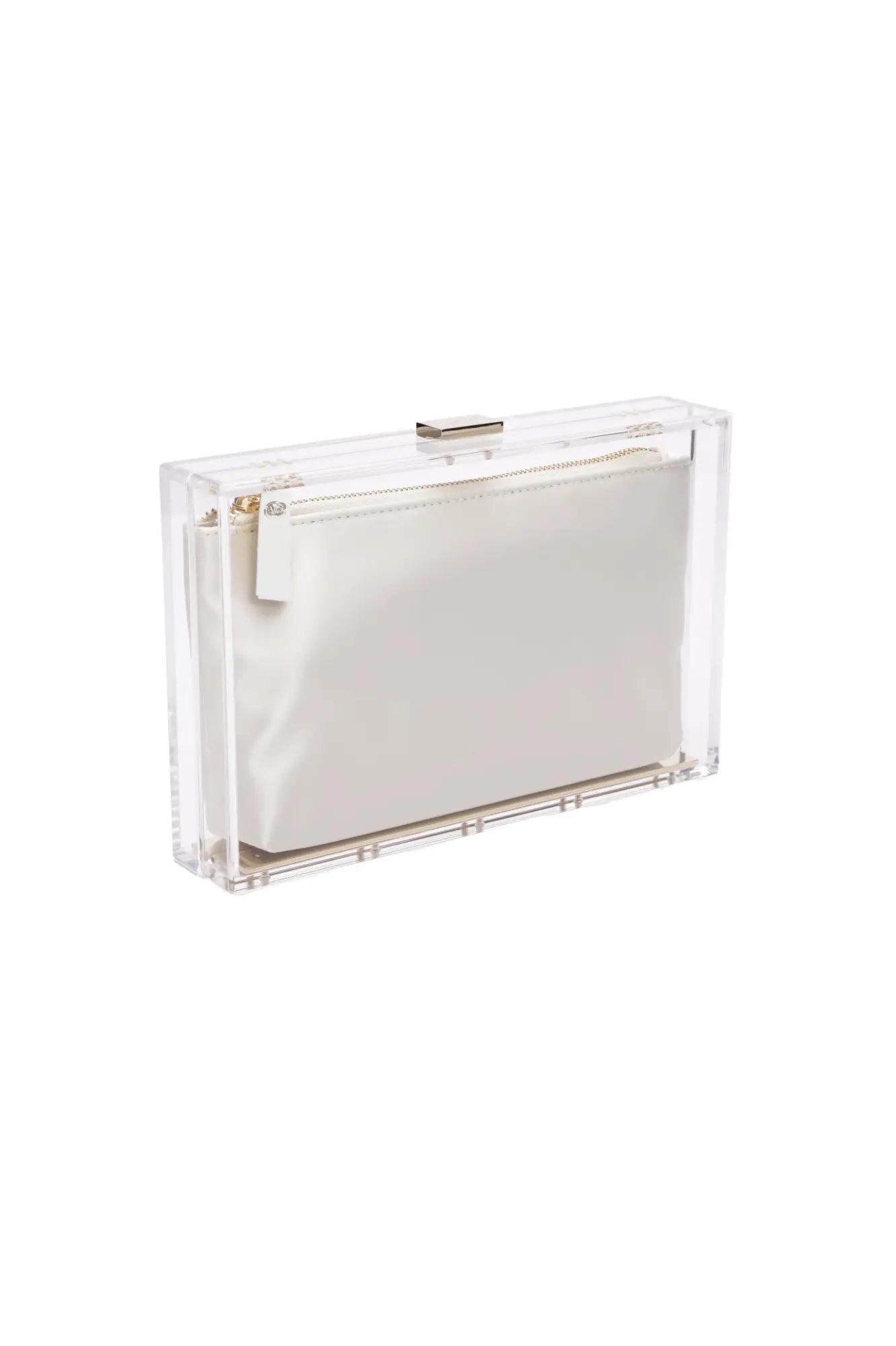 Italian Mia Acrylic Clutch with Ivory Satin Zipper Pouch from The Bella Rosa Collection with metallic clasp and white interior satin pouch.