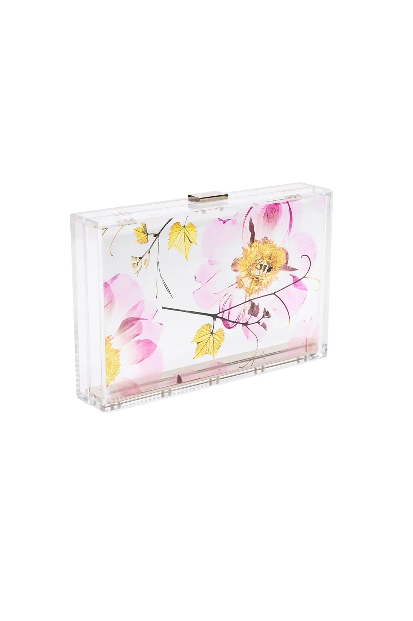 Pre-order Mia Acrylic Clutch - Pressed Translucent Floral with clear rectangular design and floral print from The Bella Rosa Collection.