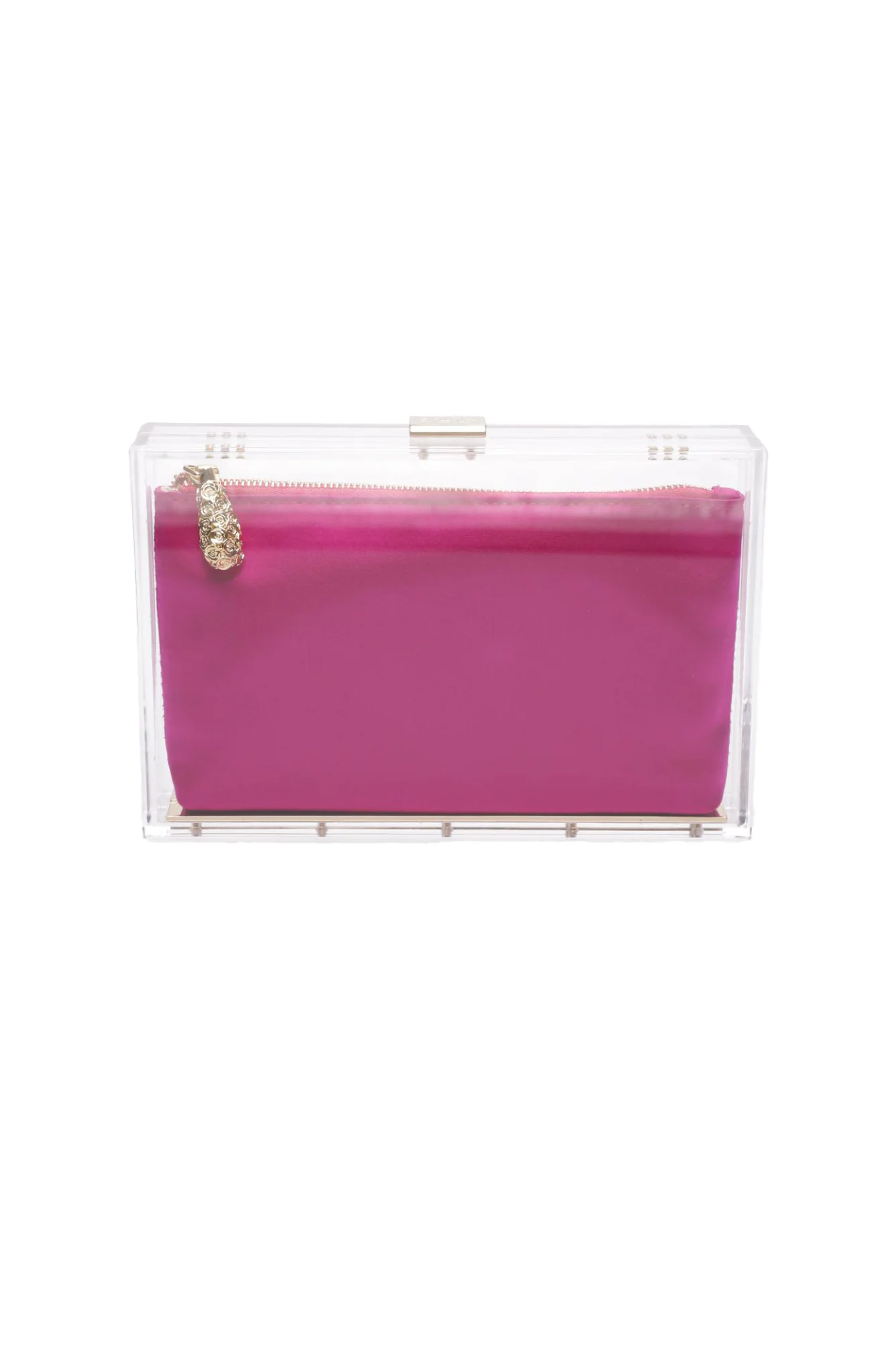 A hot pink satin zippered pouch gracefully nestles inside the Mia Clutch's clear acrylic box, featuring a silver clasp, from The Bella Rosa Collection. This chic accessory is perfect for sample sale enthusiasts seeking unique pieces.