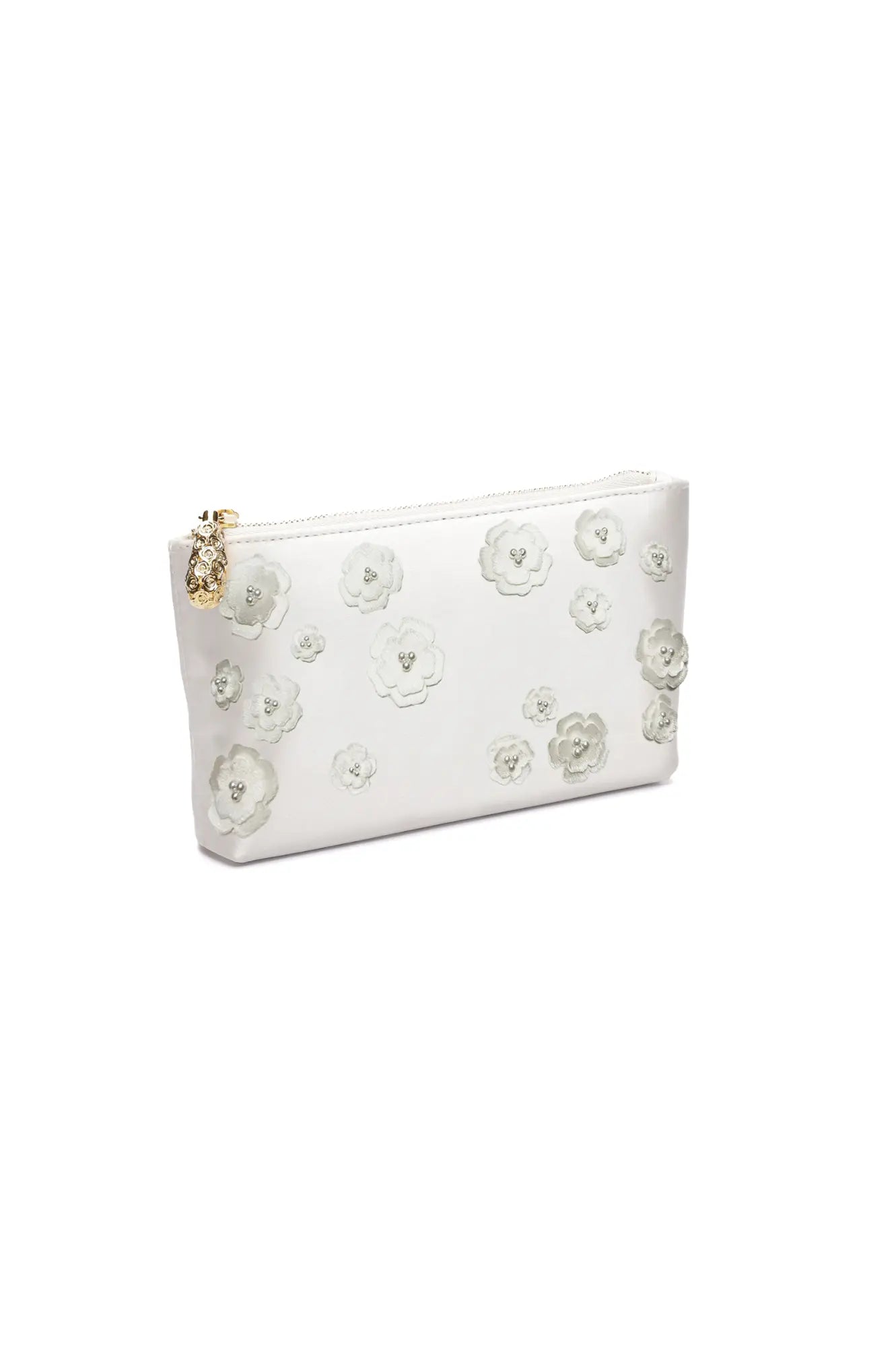 Duchess Satin white floral Hayden Clutch - 3D Flowers cosmetic pouch with gold zipper pull on a plain background by The Bella Rosa Collection.