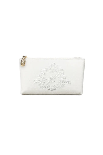 White Hayden Belgian Linen Zipper Pouch with Bridal Crest, showcasing Italian craftsmanship by The Bella Rosa Collection.